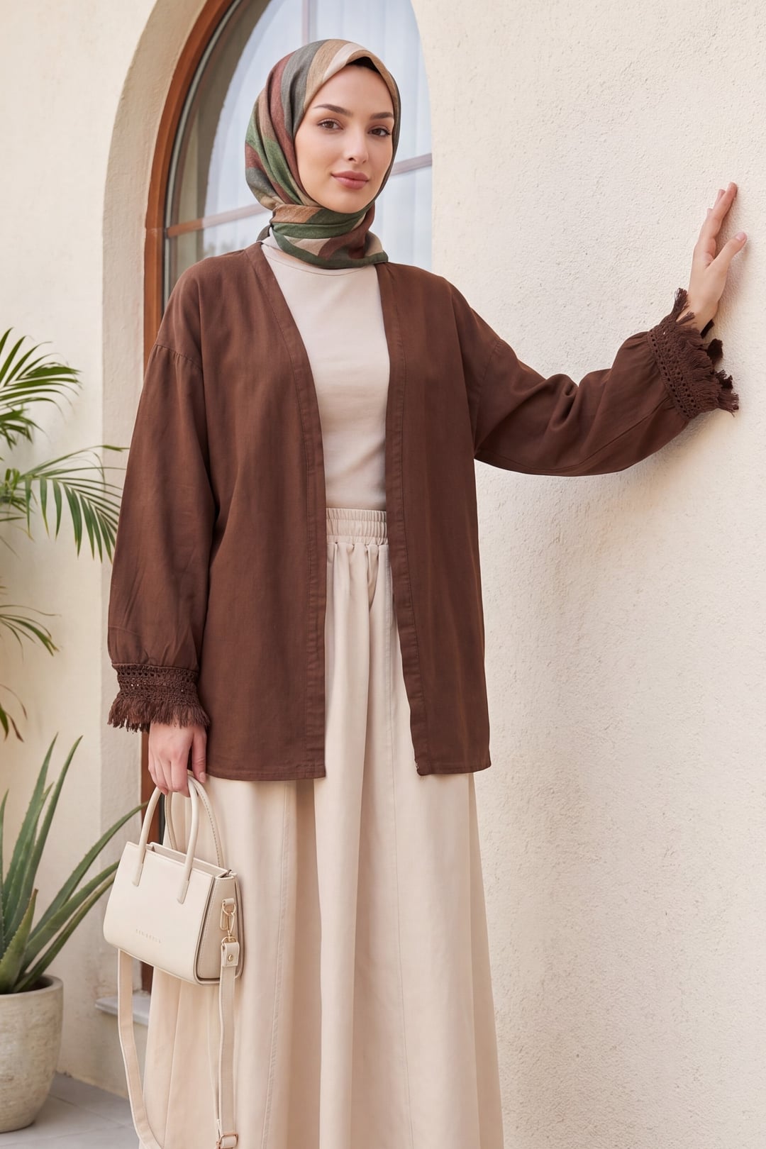 Fringed Belted Linen Kimono - Brown - Podyumplus - by Peralane