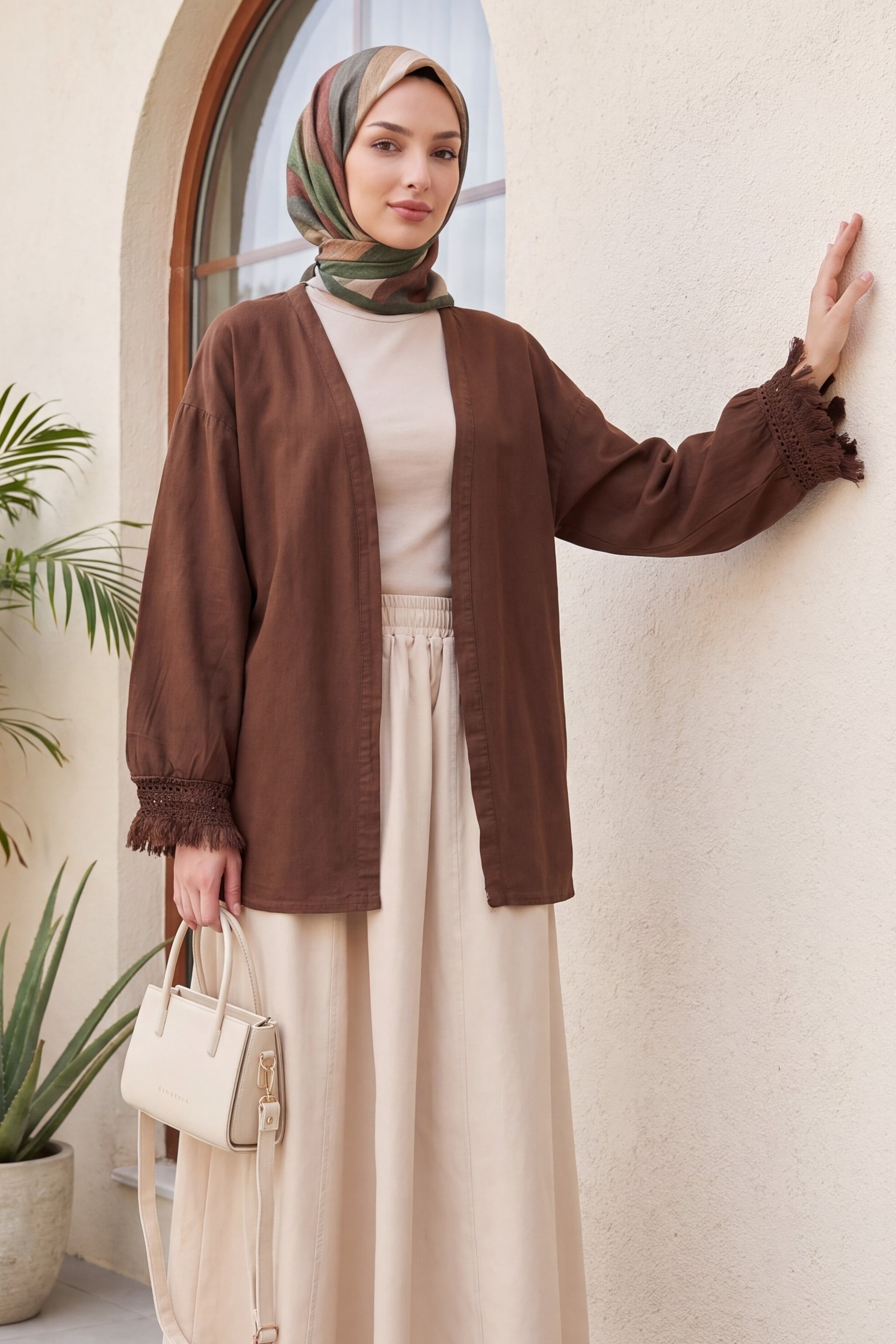 Fringed Belted Linen Kimono - Brown - Podyumplus - by Peralane