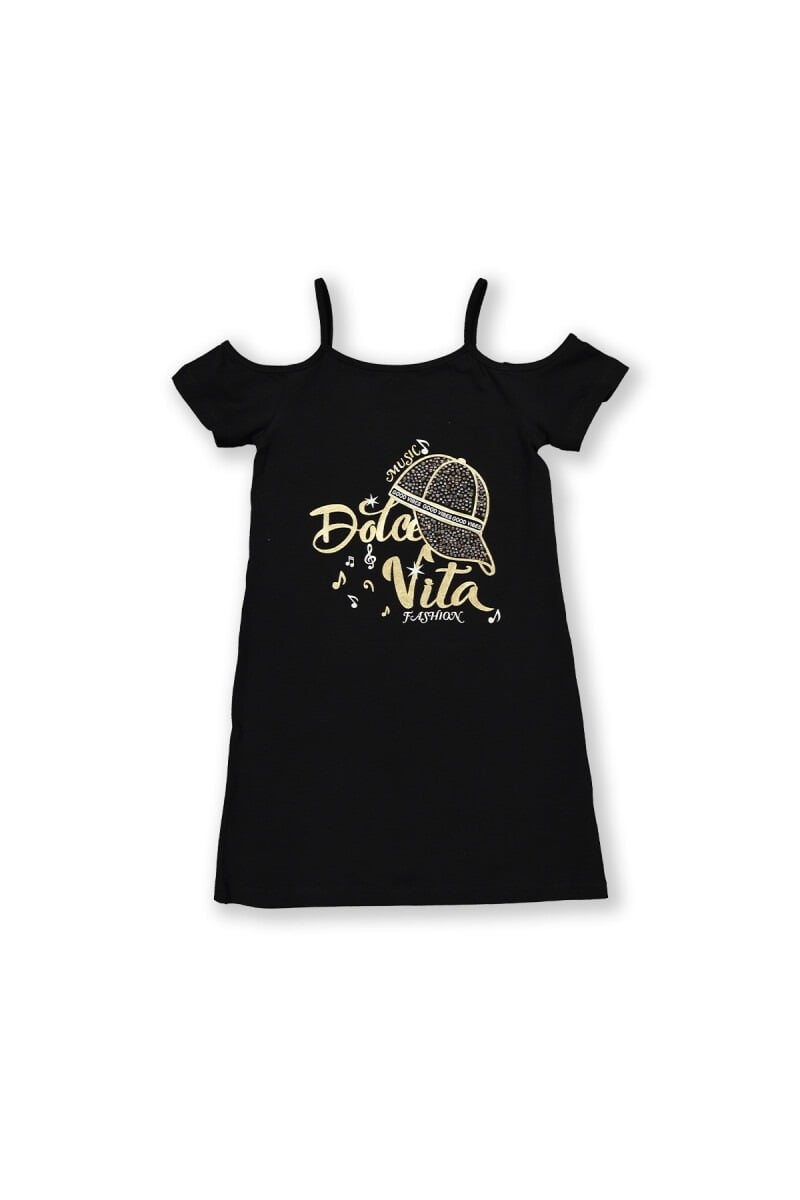 Girls Printed Cold-Shoulder Dress with Gold Graphic Print - 8-14 Years - Elnino - by Peralane