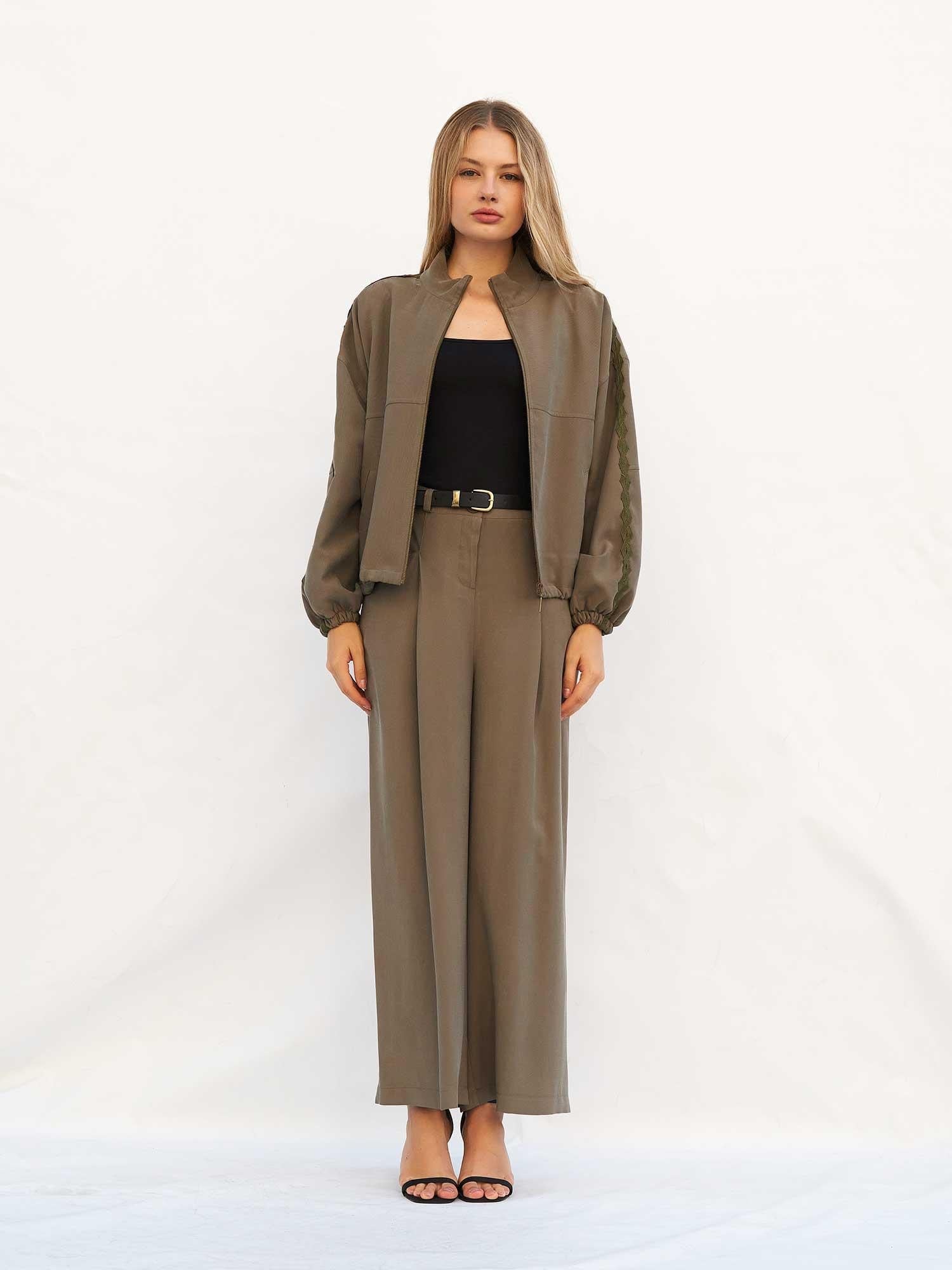 Olive Green Palazzo Trousers with Horizontal Pocket Detail - Lefon - by Peralane