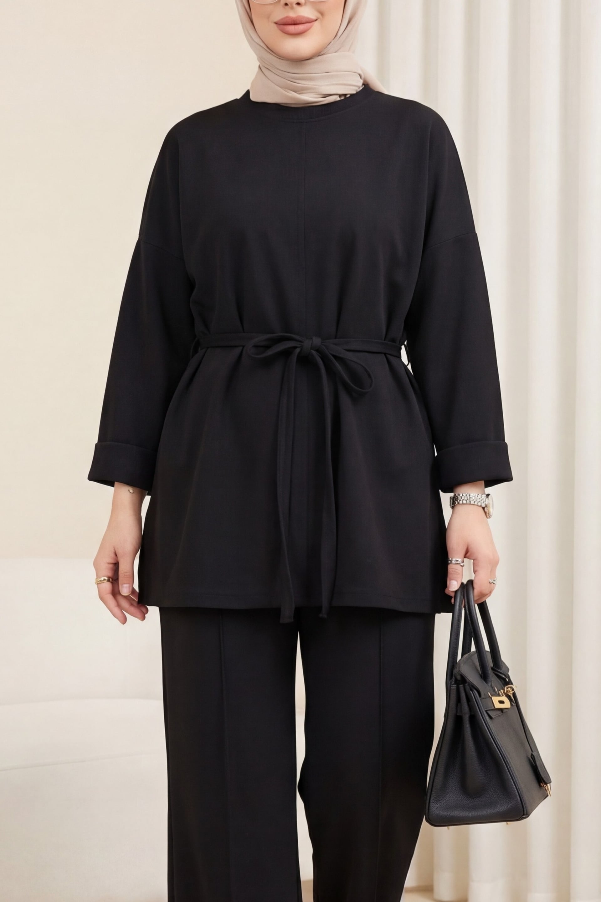 Black Long-Sleeved Top and Wide-Leg Trousers Co-ord Set with Self-Tie Belt - Podyumplus - by Peralane - photo 2
