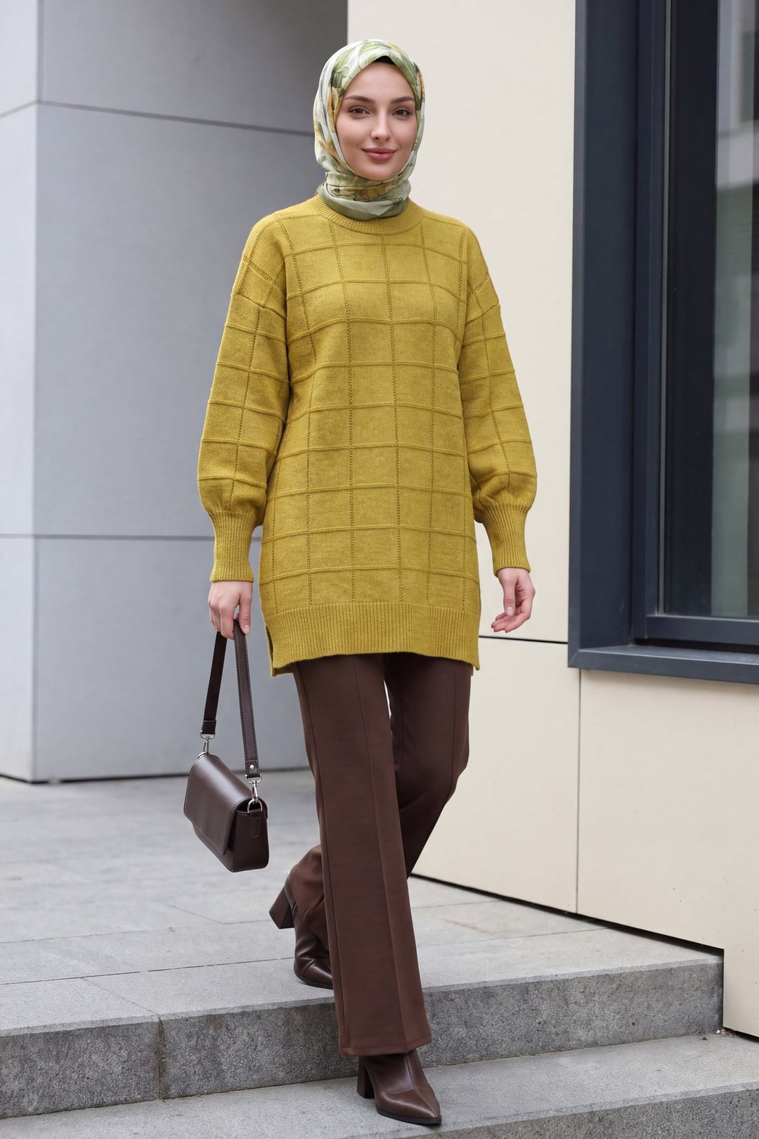 Mustard Yellow Checkered Slit Knit Tunic - Podyumplus - by Peralane - photo 3