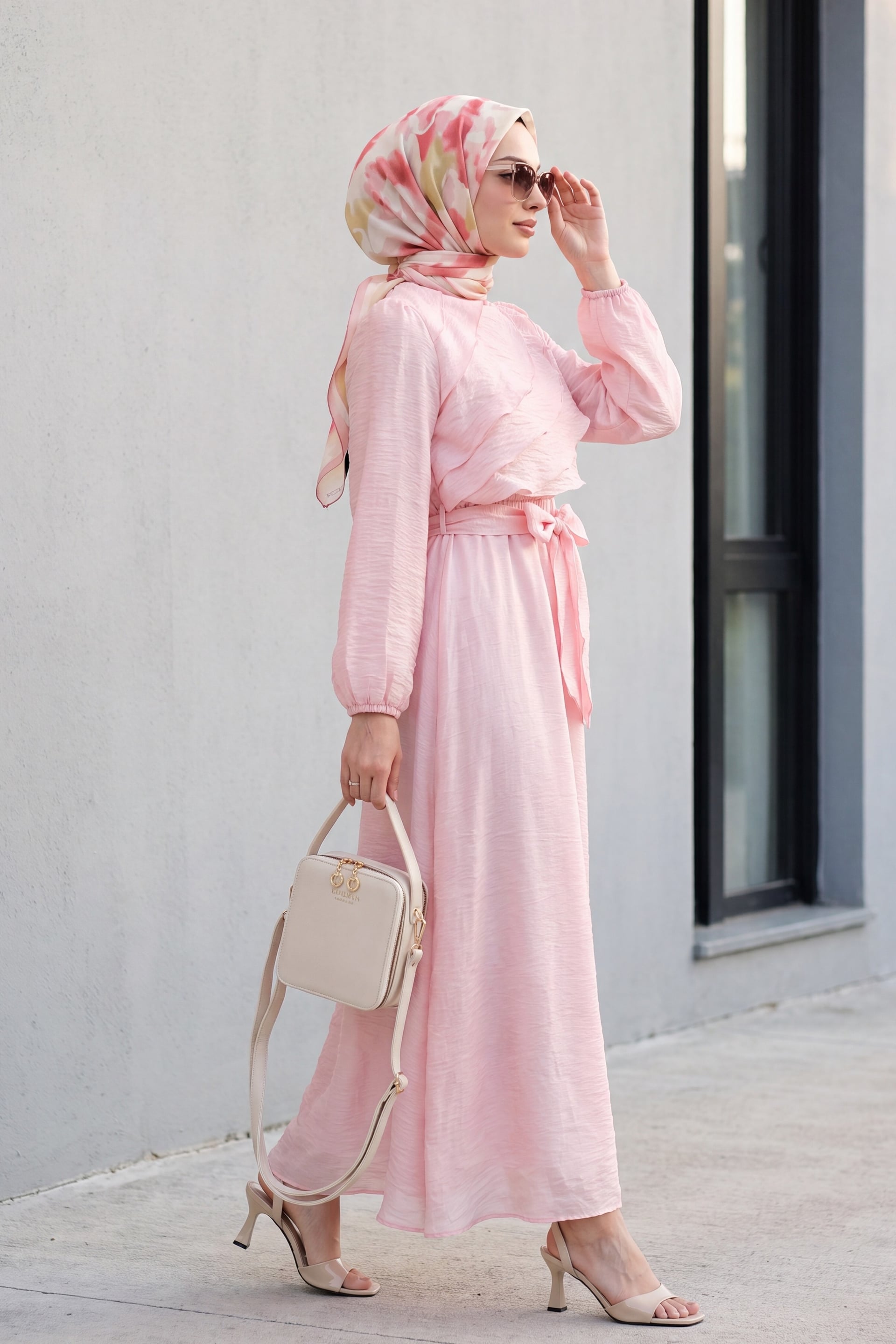 Pink Balloon Sleeve Lined Chiffon Dress with Elastic Waist Belt - Podyumplus - by Peralane - photo 5
