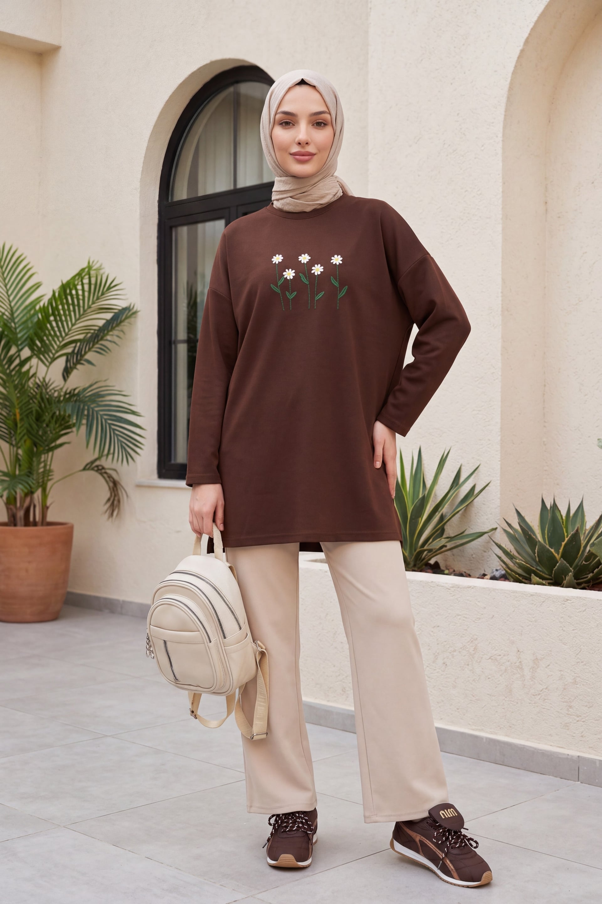 Daisy Embroidered Round Neck Cotton Jersey Tunic - Brown - Podyumplus - by Peralane - photo 4