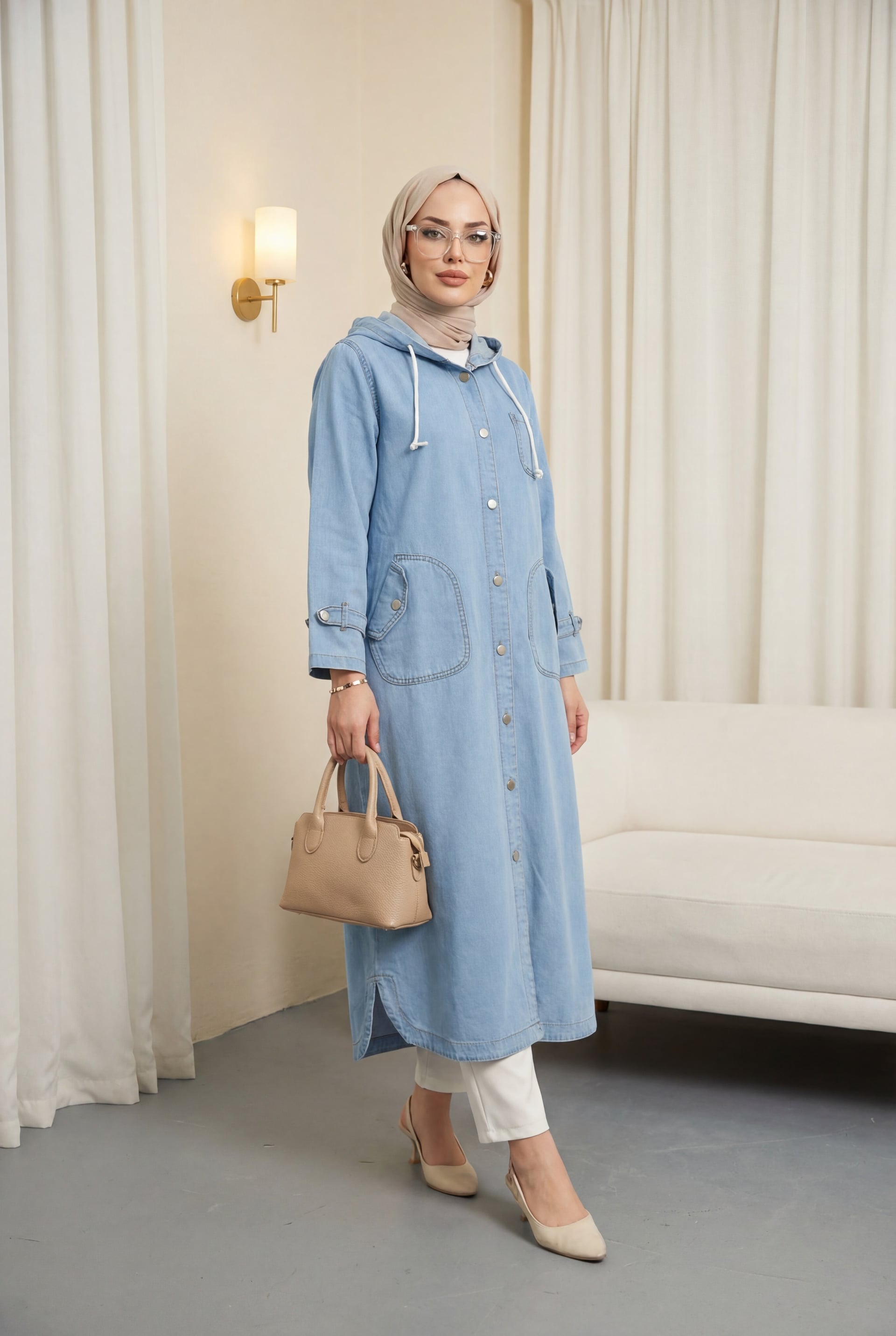 Long Denim Jacket with Hood - Light Blue - Podyumplus - by Peralane - photo 5