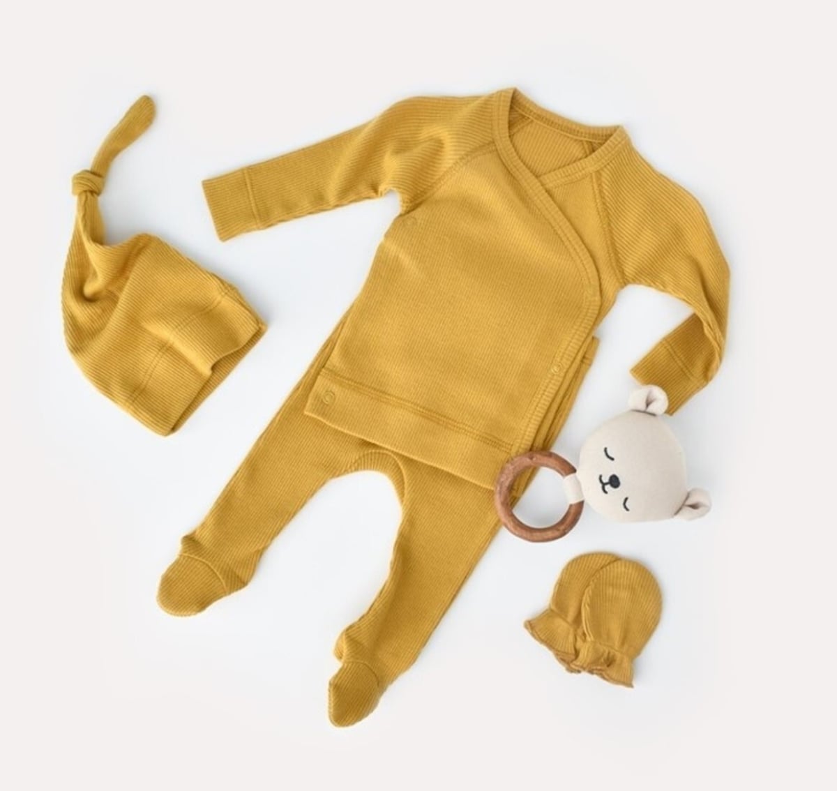 Baby Cotton Knit Wrap Bodysuit Set with Hat and Mittens - Mustard (0-9 Months) - Babycosy - by Peralane