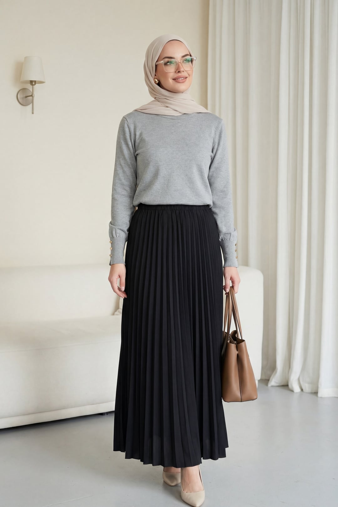 Round Neck Knit Tunic with Button Detail - Light Grey - Podyumplus - by Peralane - photo 3