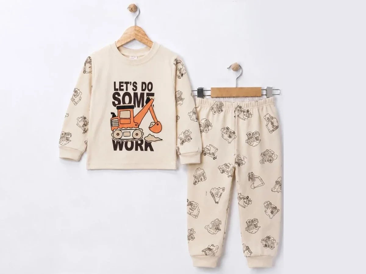Boys' Cream Construction Vehicle Print Sweatshirt and Pants Pyjama Set - Supermini - by Peralane