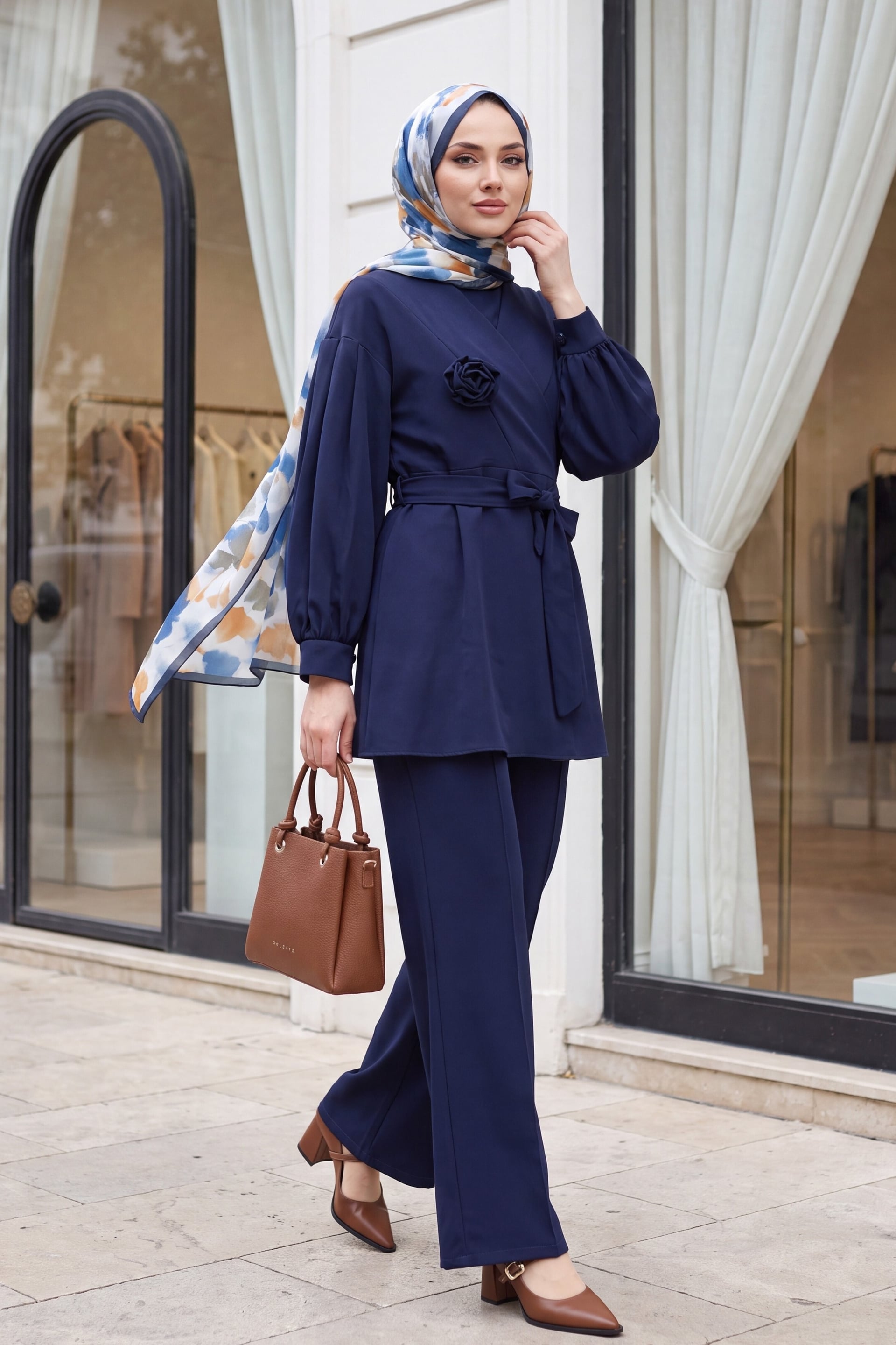 Womens Navy Wrap-Style Tunic and Trousers Two-Piece Set with Rose Brooch and Scarf - Podyumplus - by Peralane