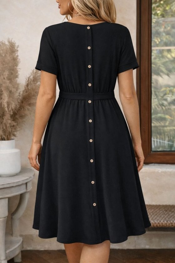 Women's Black Short-Sleeved Round Neck Viscose Midi Dress with Back Buttons - Janes - by Peralane - photo 3