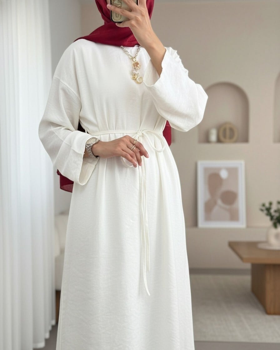 Tie Waist Linen Look Dress with Back Zipper - Ecru - Podyumplus - by Peralane - photo 2
