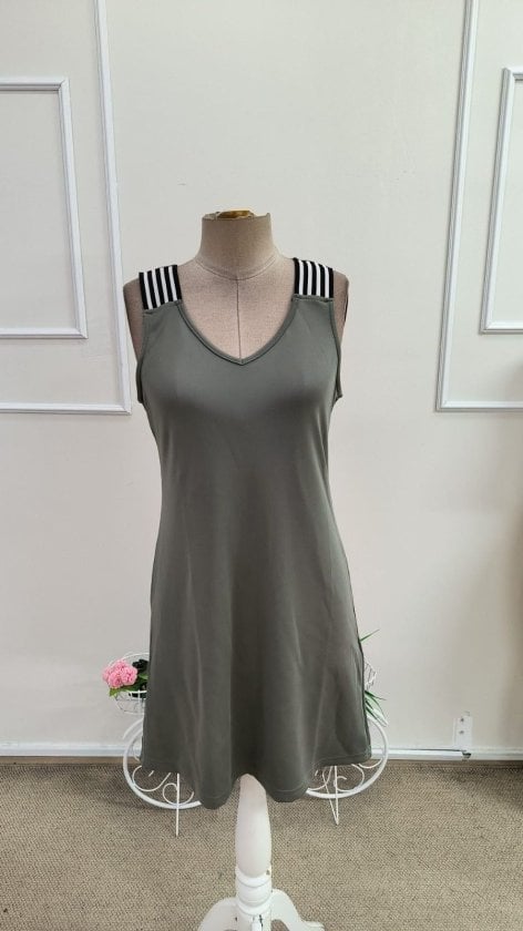 Women's Sleeveless V-Neck Olive Green Dress with Striped Straps - Janes - by Peralane - photo 4
