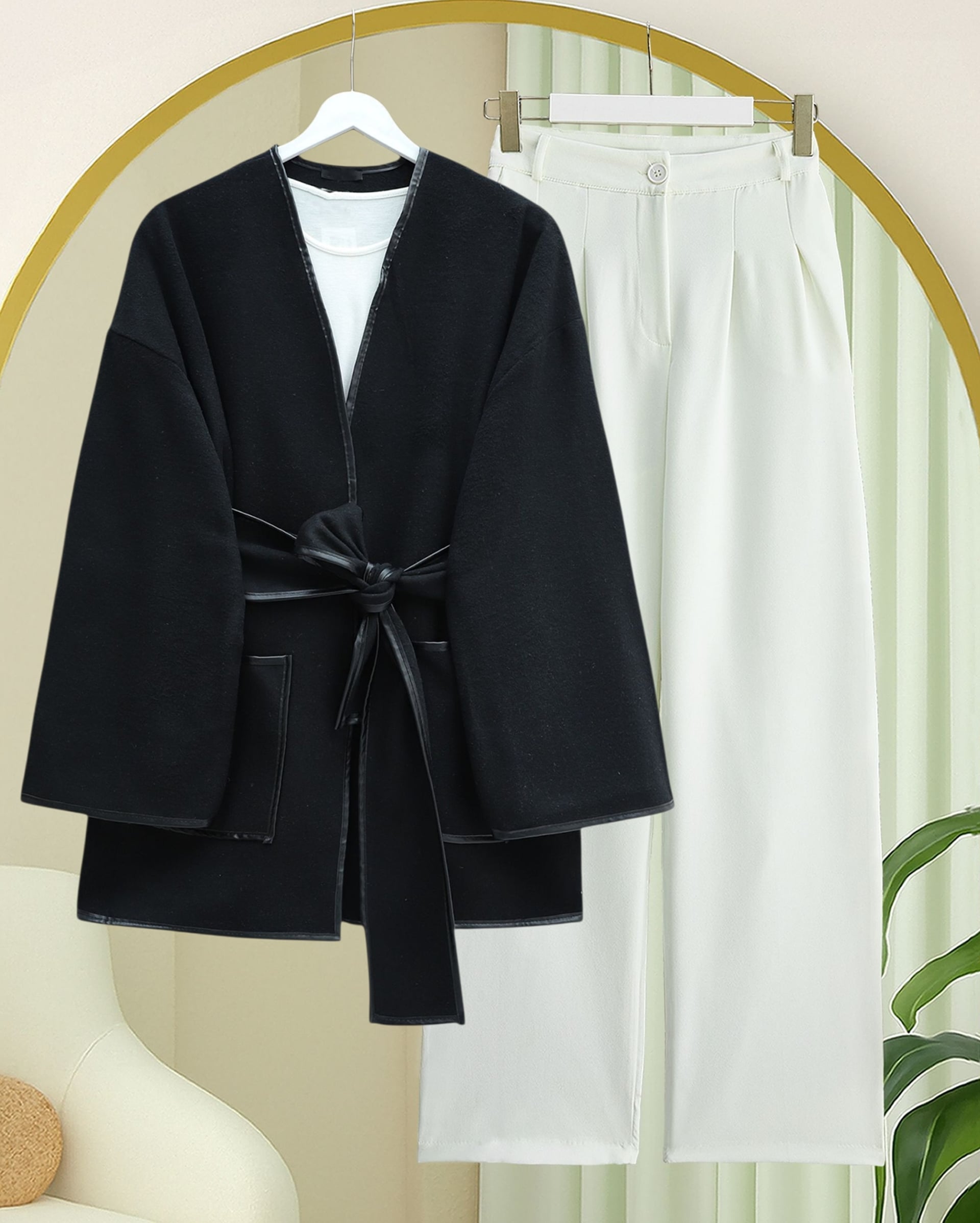 Black Faux Leather Trim Belted Cardigan with Pockets - Podyumplus - by Peralane - photo 3