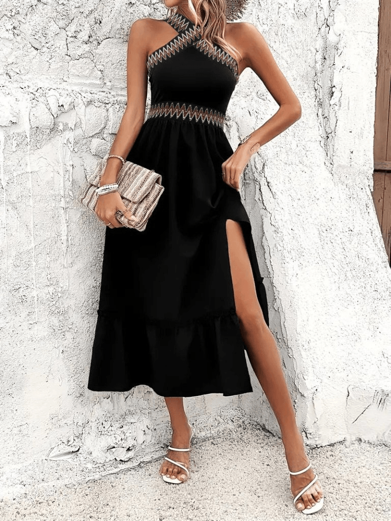 Women's Black Halter Neck Midi Dress with Gold and White Zigzag Embroidery - Janes - by Peralane