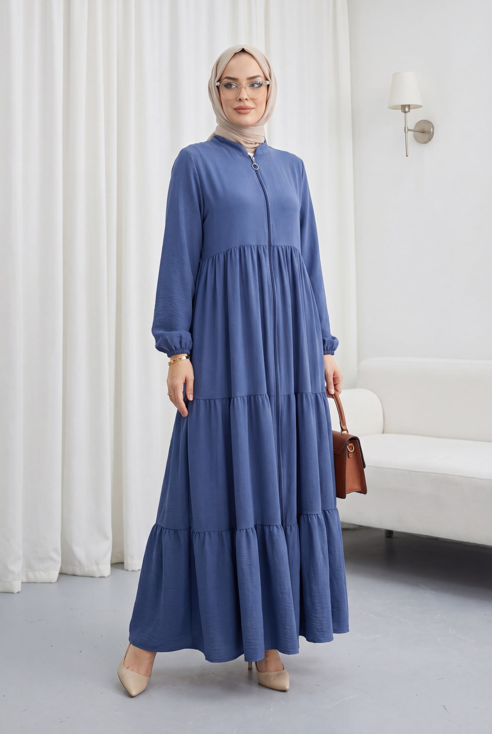 Full-Length Zipper Sleeve-Cuffed Tiered Ayrubin Ferace Dress - Indigo - Podyumplus - by Peralane