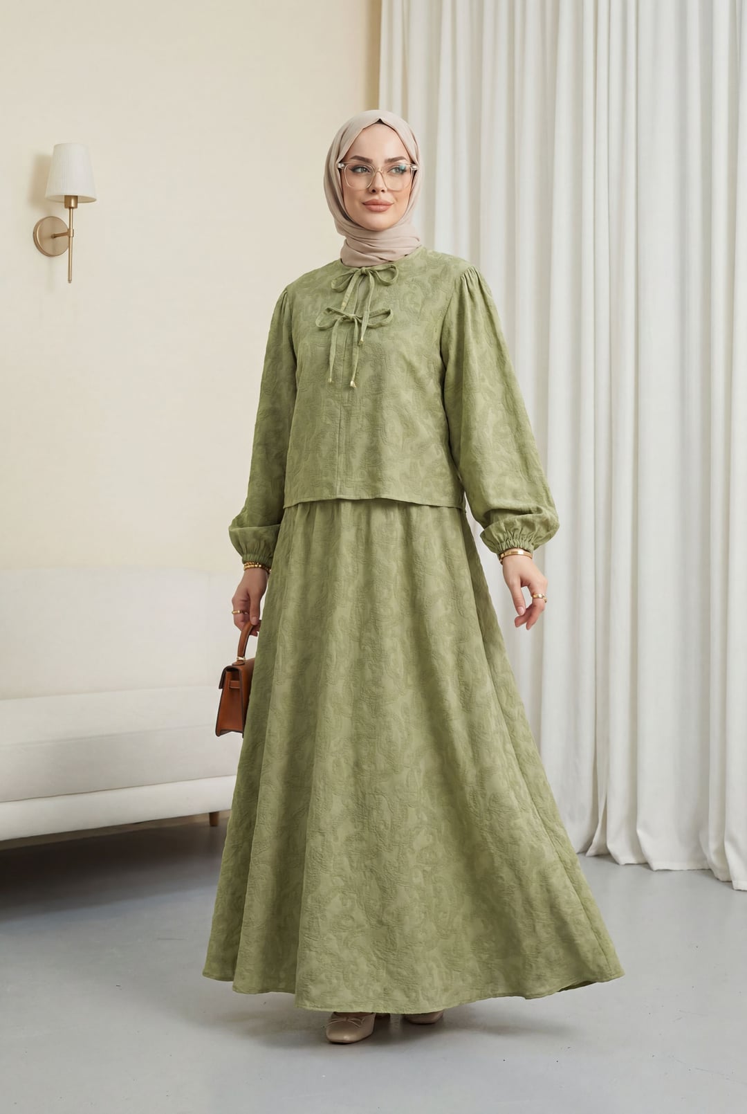 Long-Sleeve Tie-Neck Jacquard Two-Piece Set with Skirt - Sage Green - Podyumplus - by Peralane - photo 2