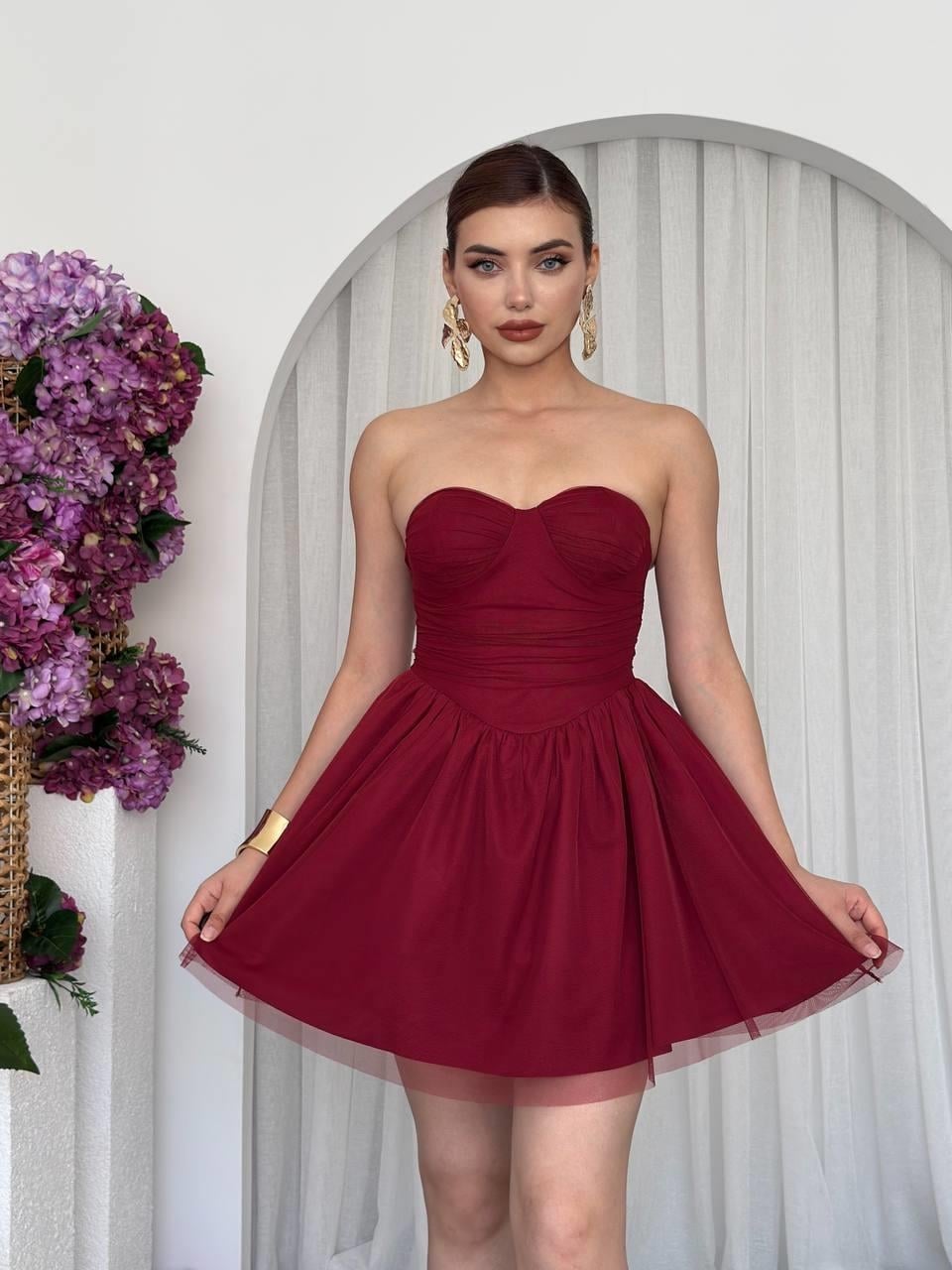 Deep Red Strapless Ruched Tulle Dress - Etika - by Peralane - photo 3