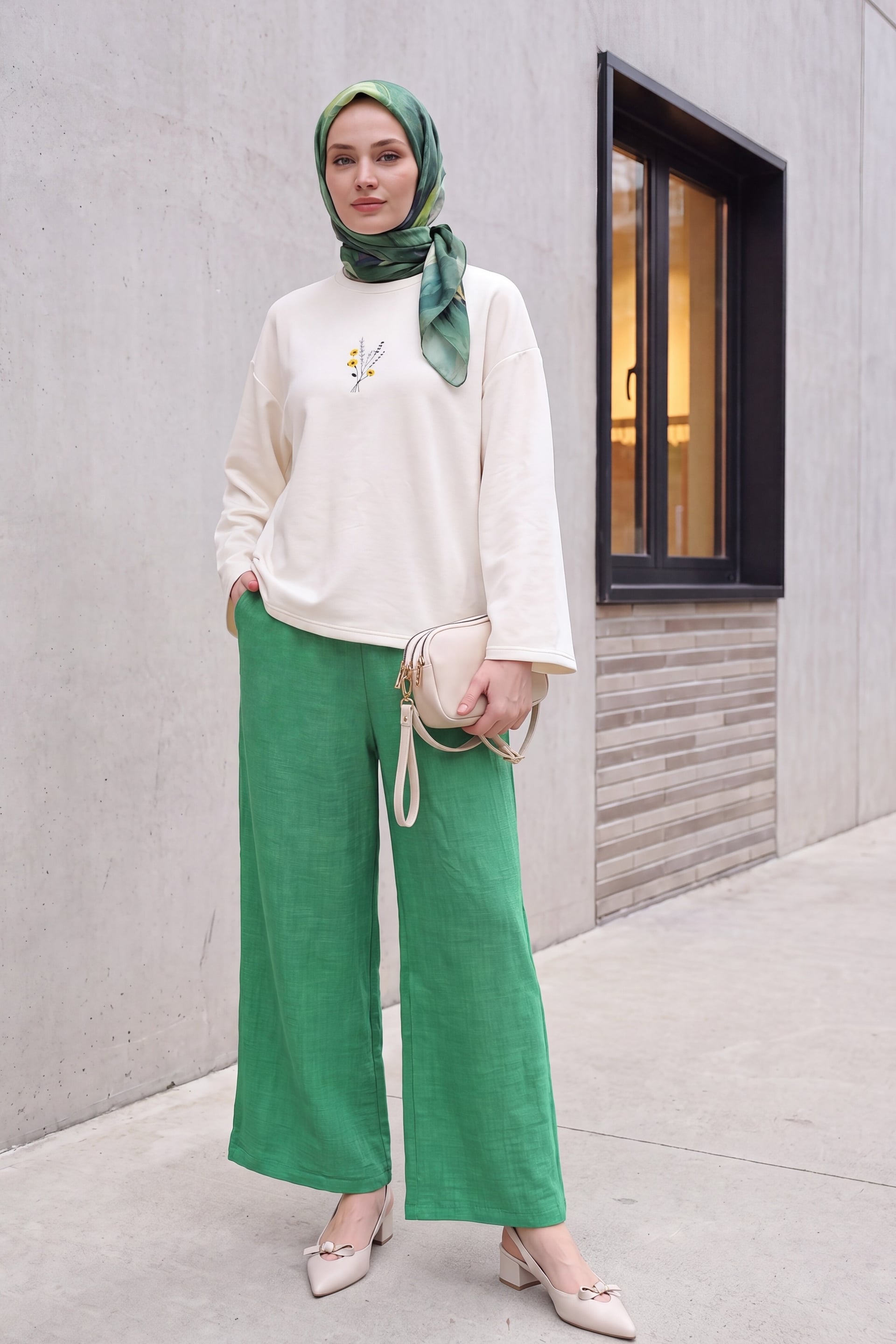 Women's Elasticated Waist Wide Leg Pleated Linen Look Trousers - Light Green - Podyumplus - by Peralane - photo 5