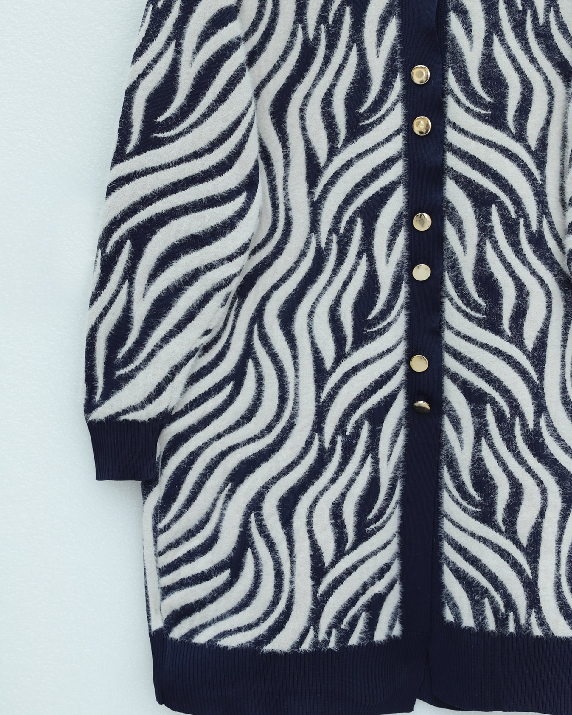 Buttoned Zebra Print Fringed Knit Cardigan - Navy - Podyumplus - by Peralane - photo 6
