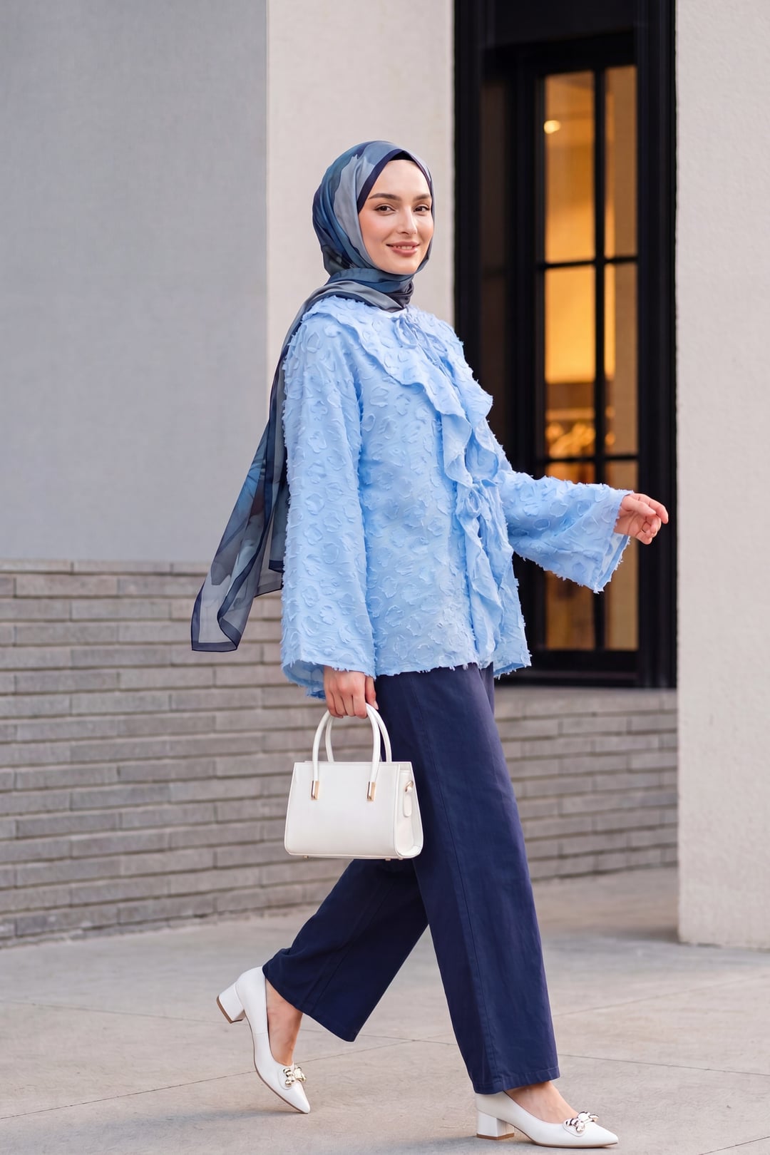 Front-Tie Ruffled Tassel Jacquart Kimono Cardigan - Light Blue - Podyumplus - by Peralane - photo 3