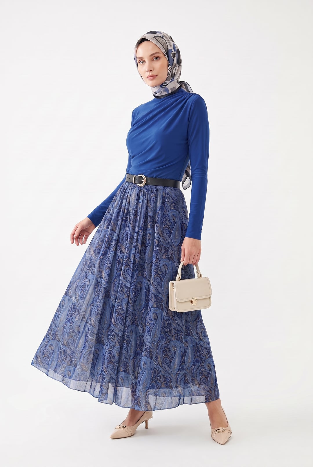 Elasticated Waist Belted Lined Patterned Tulle Skirt - Indigo - Podyumplus - by Peralane - photo 4