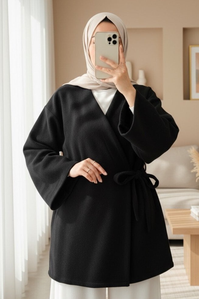 Black Cross-Tie Fleece Kimono Cardigan - Podyumplus - by Peralane