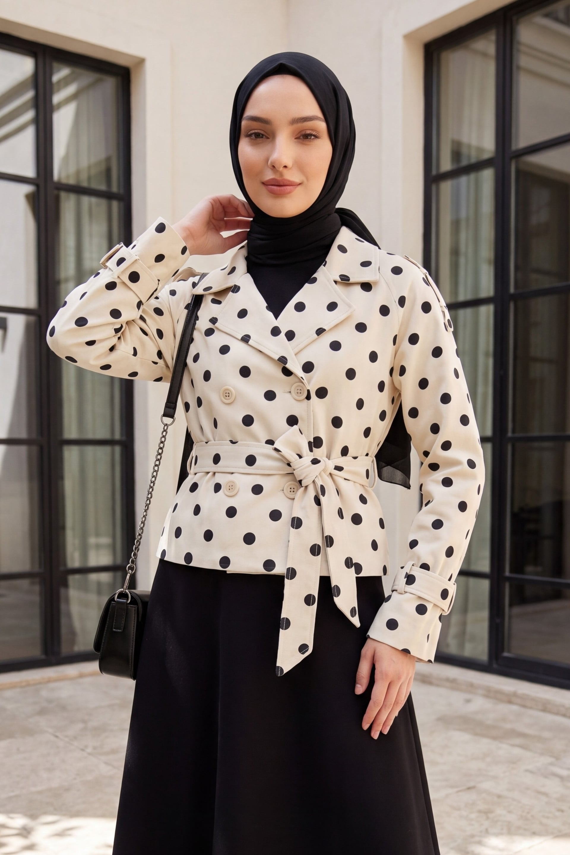 Women's Belted Short Trench Coat Cream with Polka Dot Print - Size 38 - Bigdart - by Peralane - photo 3