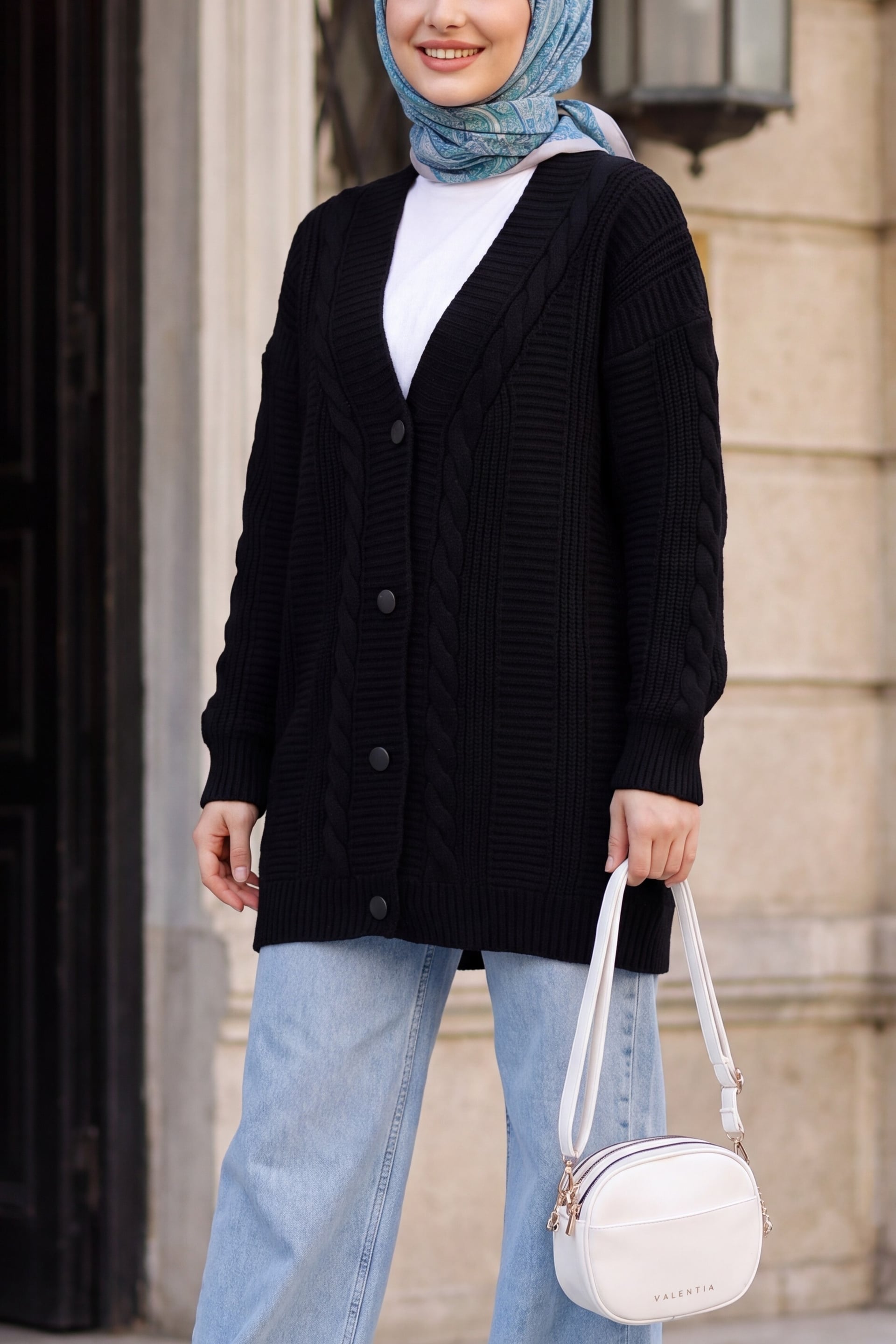 Black Cable Knit Button Cardigan for Women - Bigdart - by Peralane