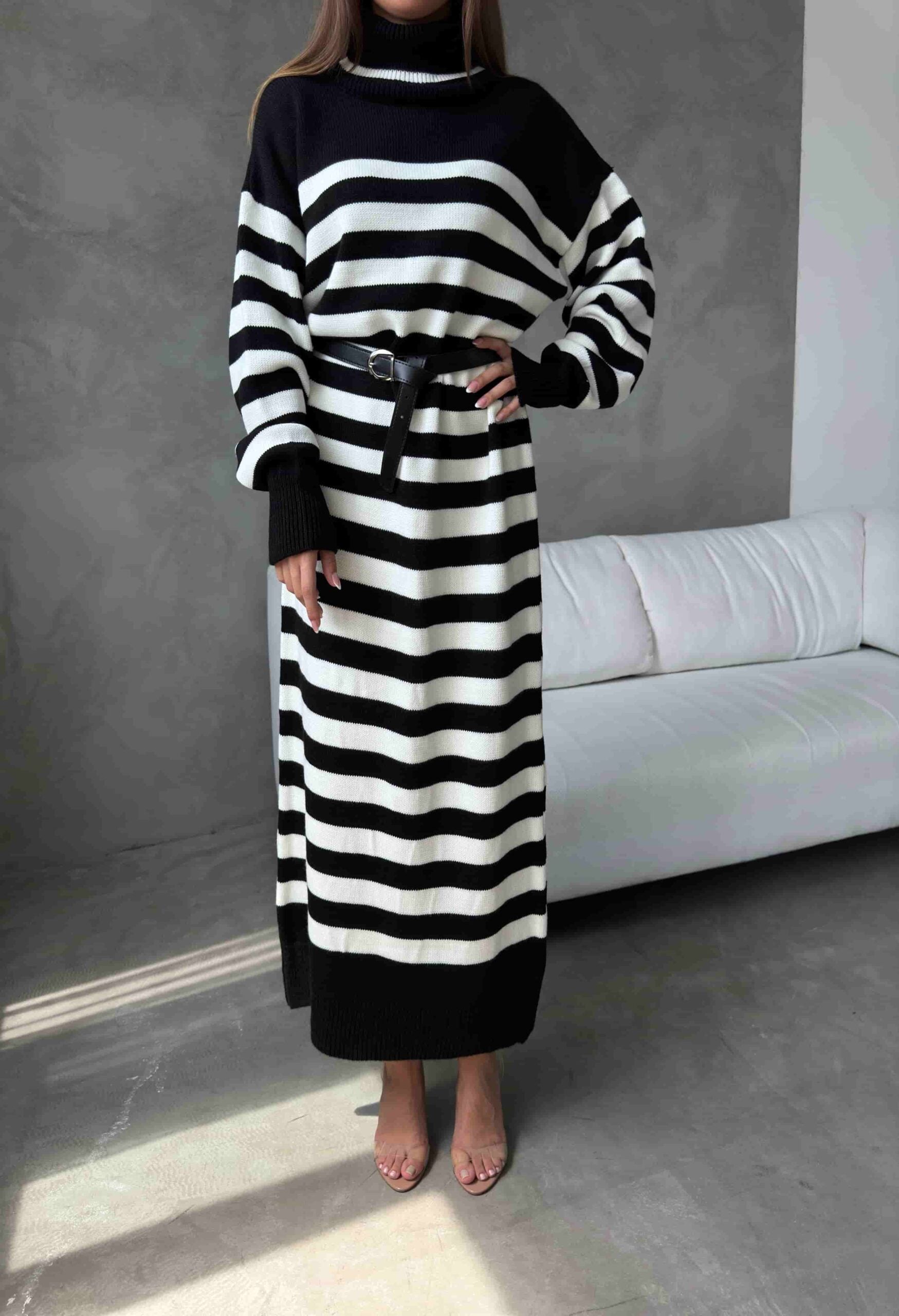 Black and White Striped Ribbed Knit Midi Dress - My Bee - by Peralane - photo 2