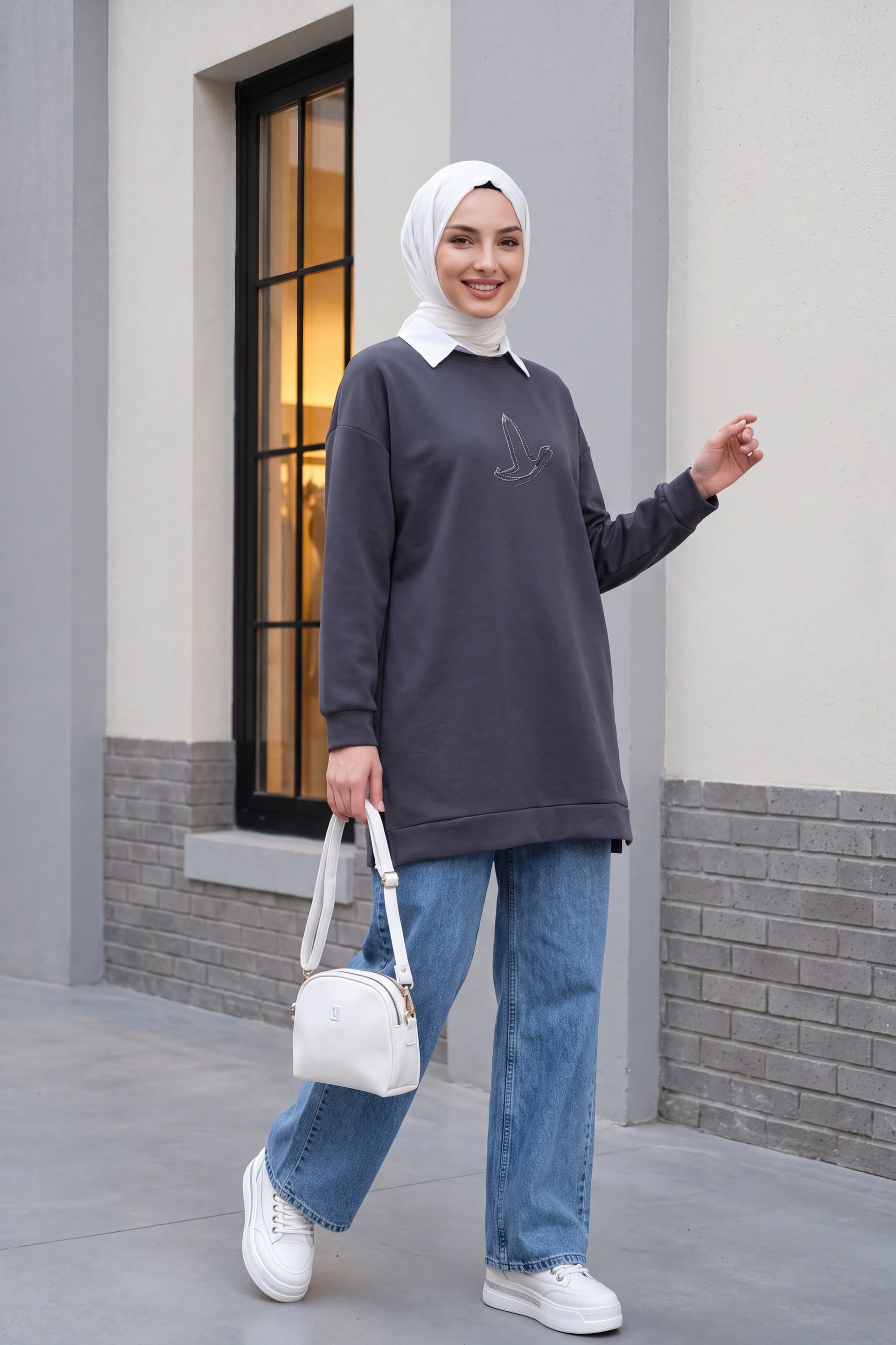 Bird Motif Embroidered Tunic - Dark Grey - Podyumplus - by Peralane - photo 3