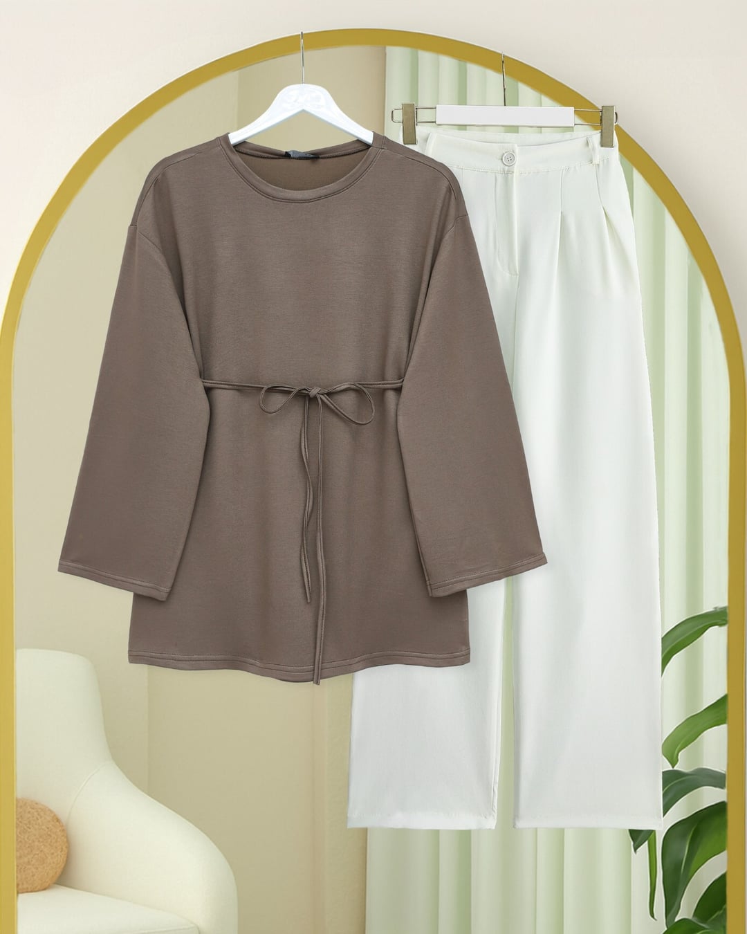 Round Neck Tie-Waist Knit Tunic - Light Brown - Podyumplus - by Peralane - photo 5