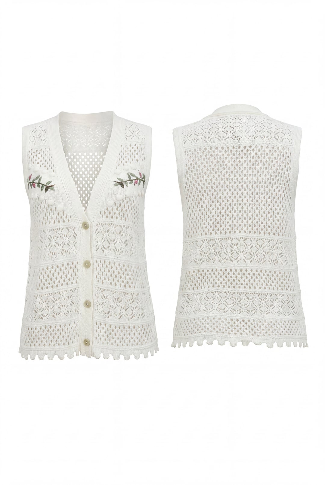 Leaf Embroidered Openwork Pom-Pom Knitted Cardigan - Ecru - Podyumplus - by Peralane - photo 5
