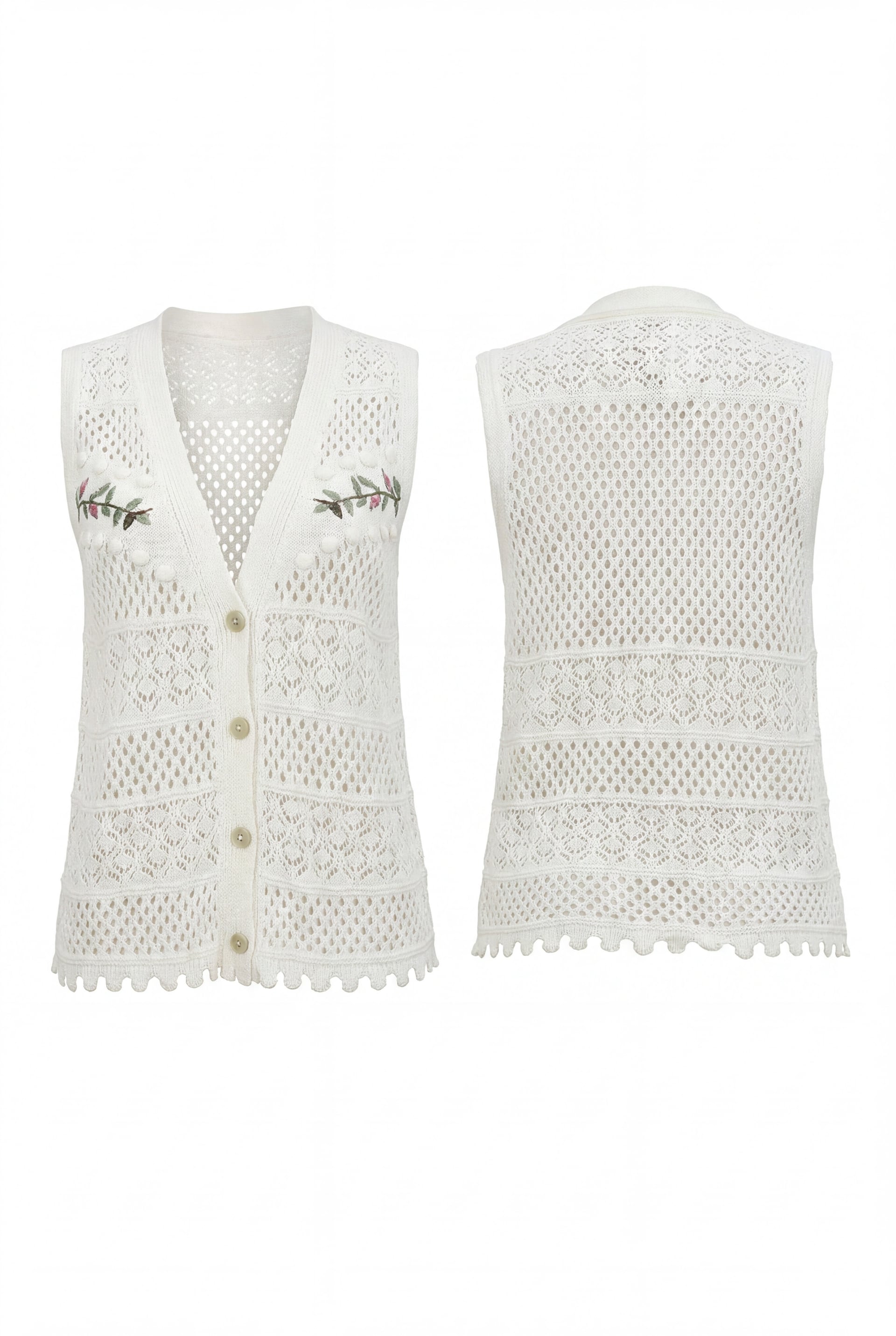 Leaf Embroidered Openwork Pom-Pom Knitted Cardigan - Ecru - Podyumplus - by Peralane - photo 5