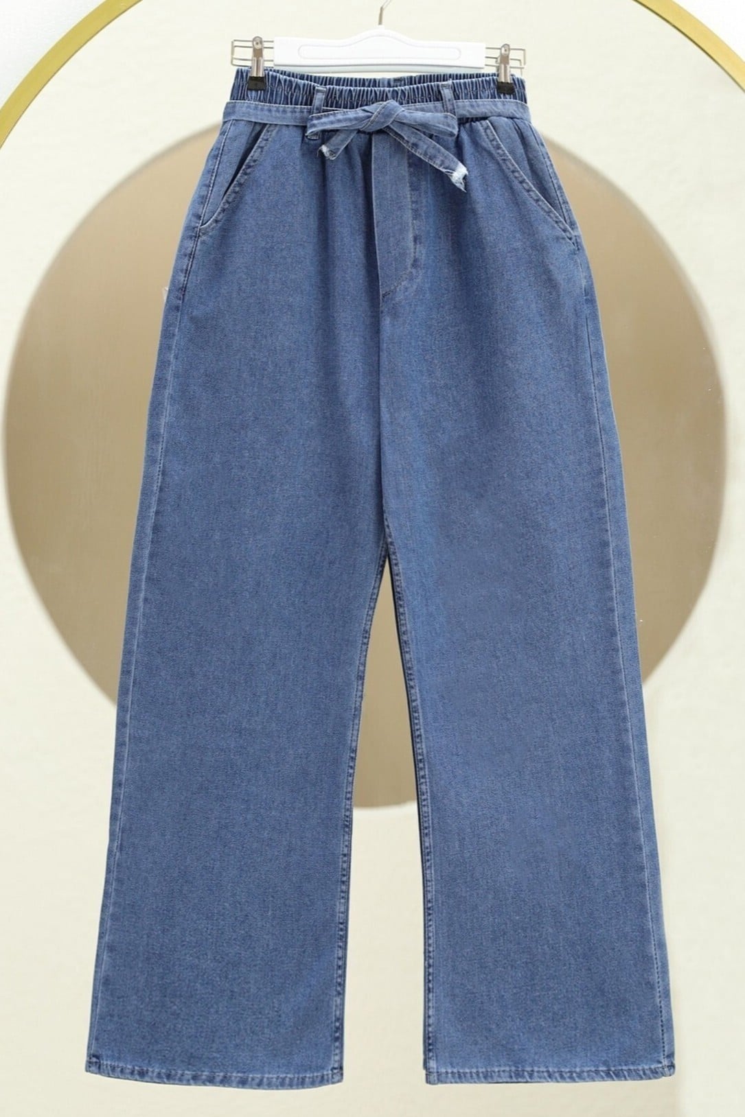 High Waist Wide Leg Denim Trousers with Self-Tie Belt - Dark Blue - Podyumplus - by Peralane - photo 3