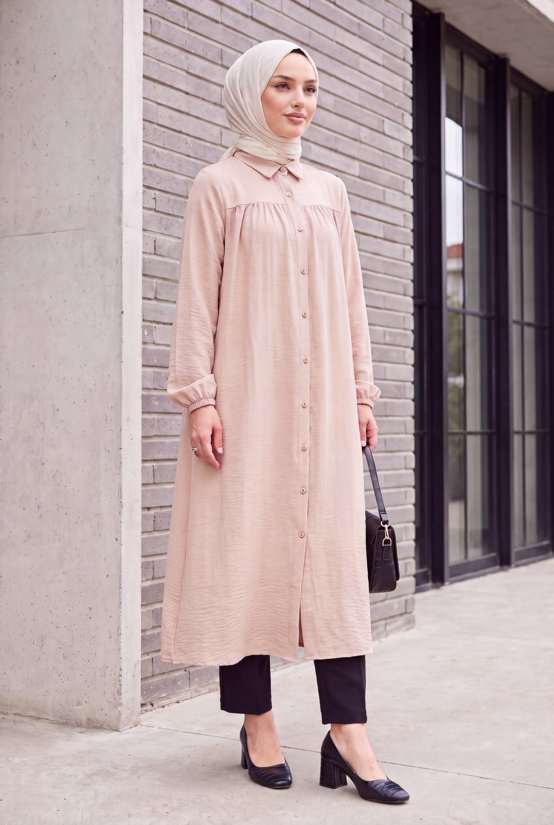 Beige Collared Long-Sleeve Button-Front Tunic - Podyumplus - by Peralane