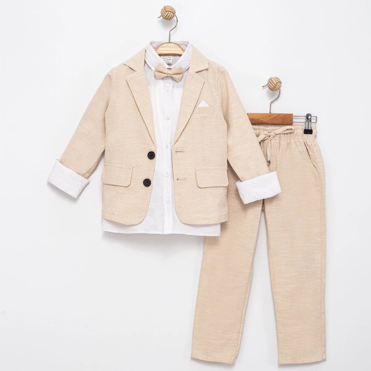 Boys' Linen Fabric Oversized Jacket and Trousers Set with Bow Tie - Beige - Terry - by Peralane