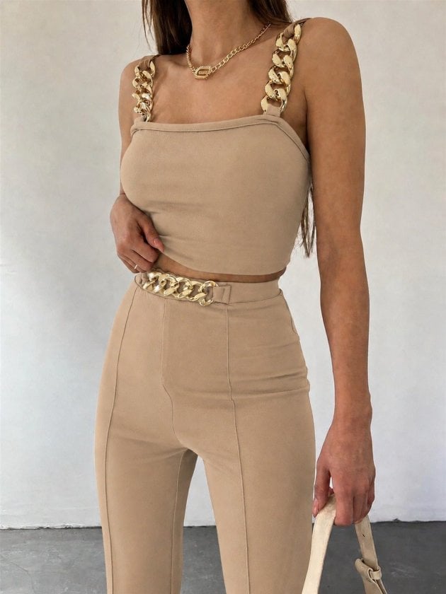 Women's Chain Strap Crop Top and Trousers Co-ord Set - Janes - by Peralane