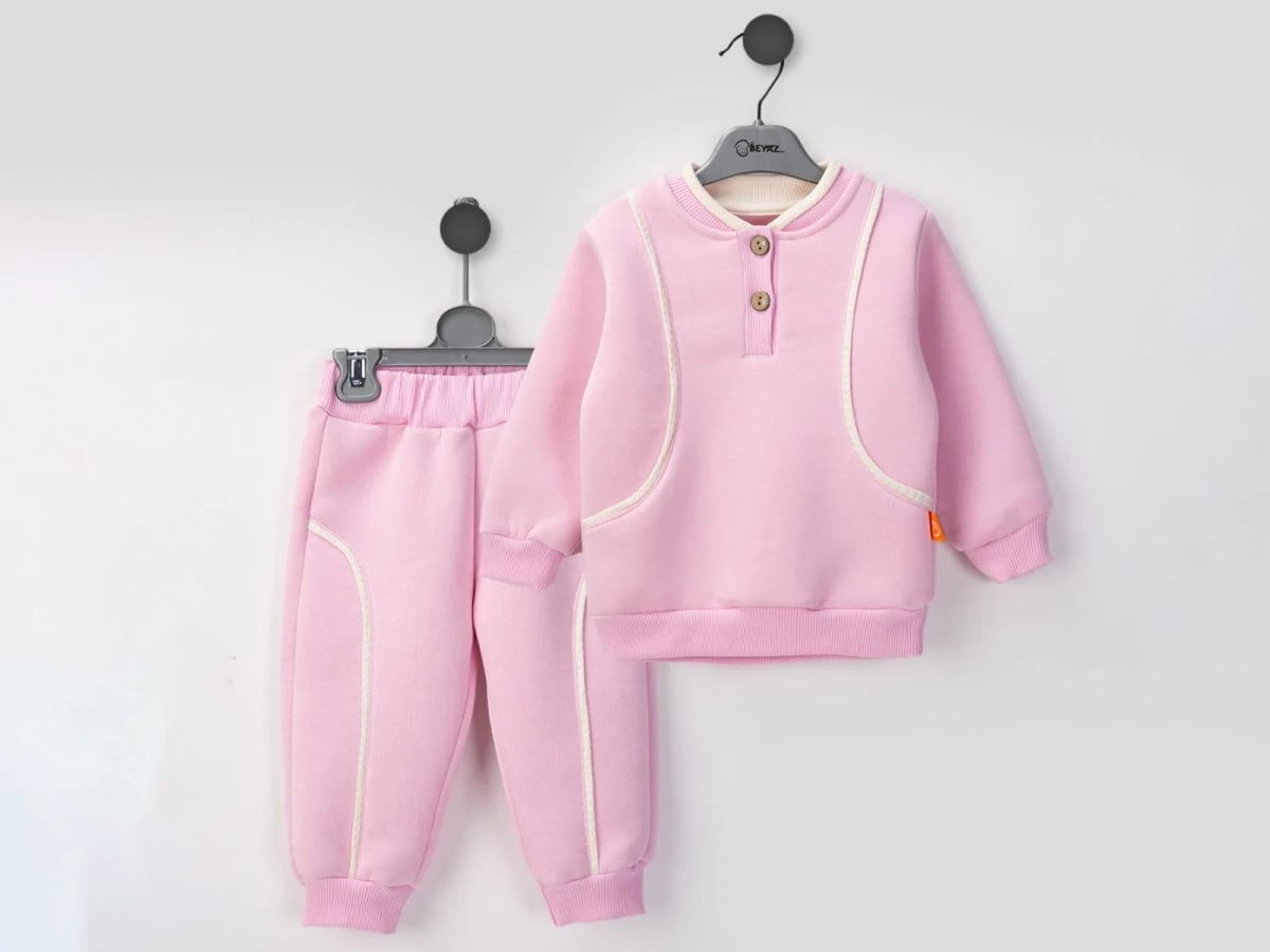 Striped Pattern Buttoned 3-Thread Brushed Girl Baby Set - Pink - Beyaz Bebek - by Peralane