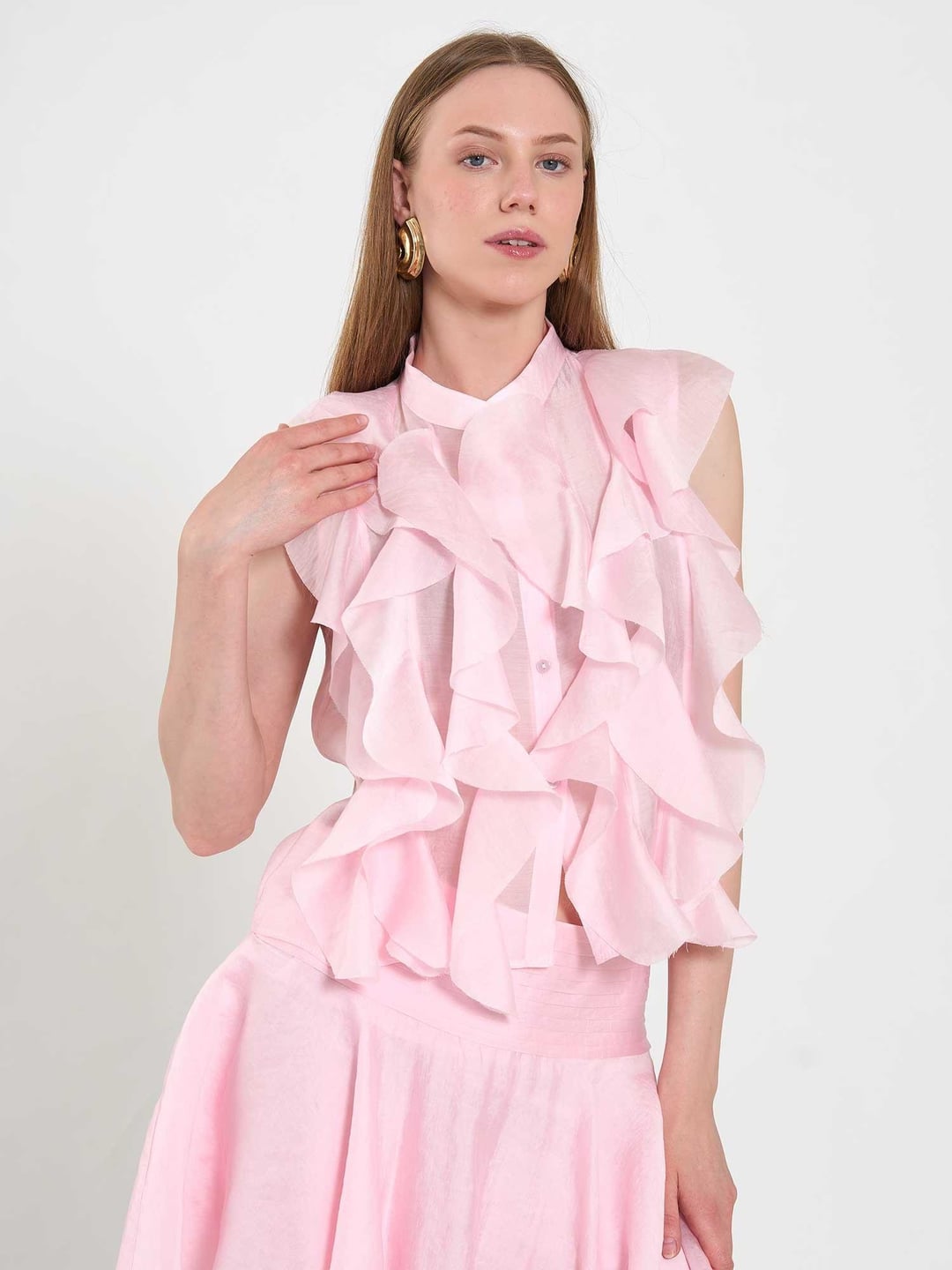 Sleeveless Pink Blouse with Ruffle Front - Lefon - by Peralane - photo 6