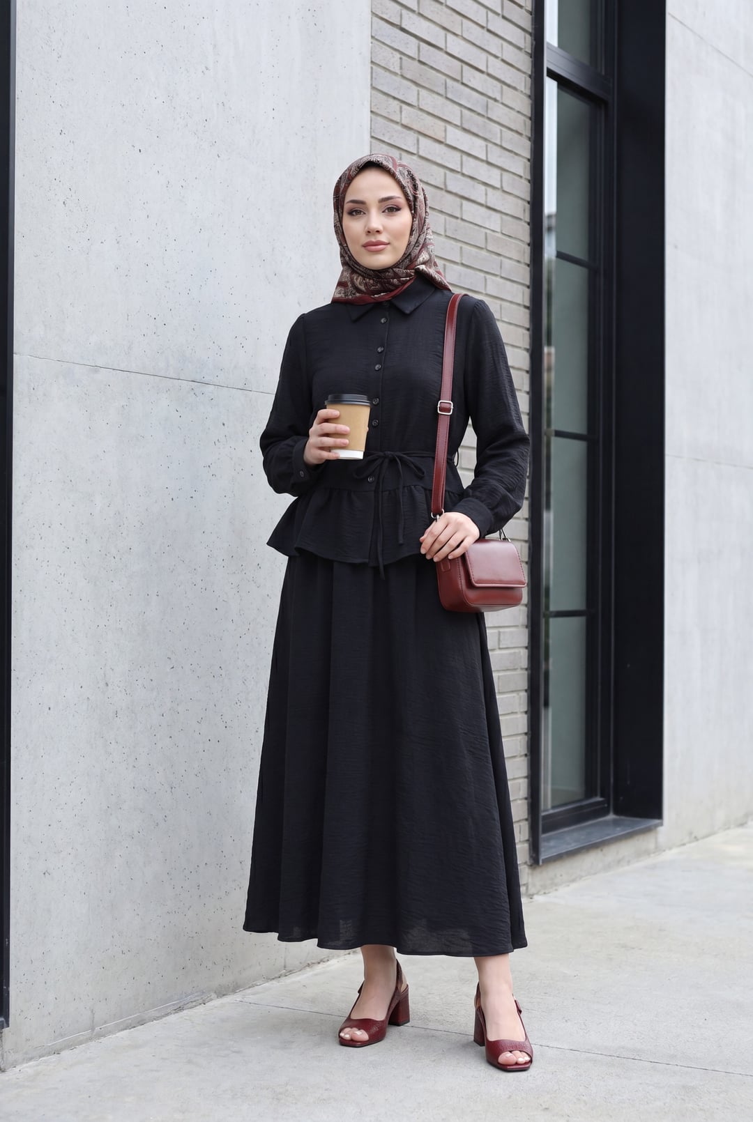 Black Two-Piece Modest Set with Long-Sleeved Blouse and Maxi Skirt - Podyumplus - by Peralane