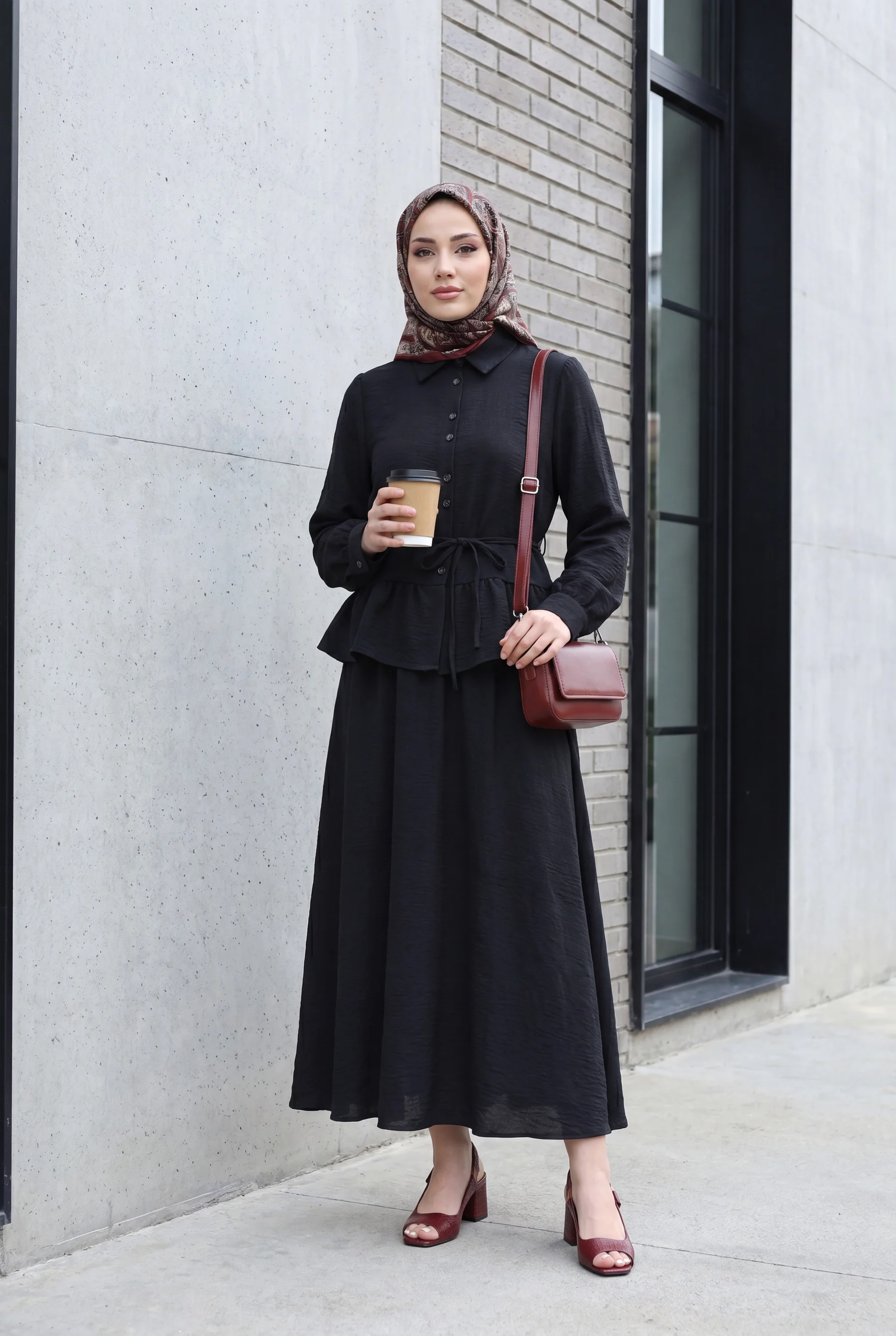 Black Two-Piece Modest Set with Long-Sleeved Blouse and Maxi Skirt - Podyumplus - by Peralane
