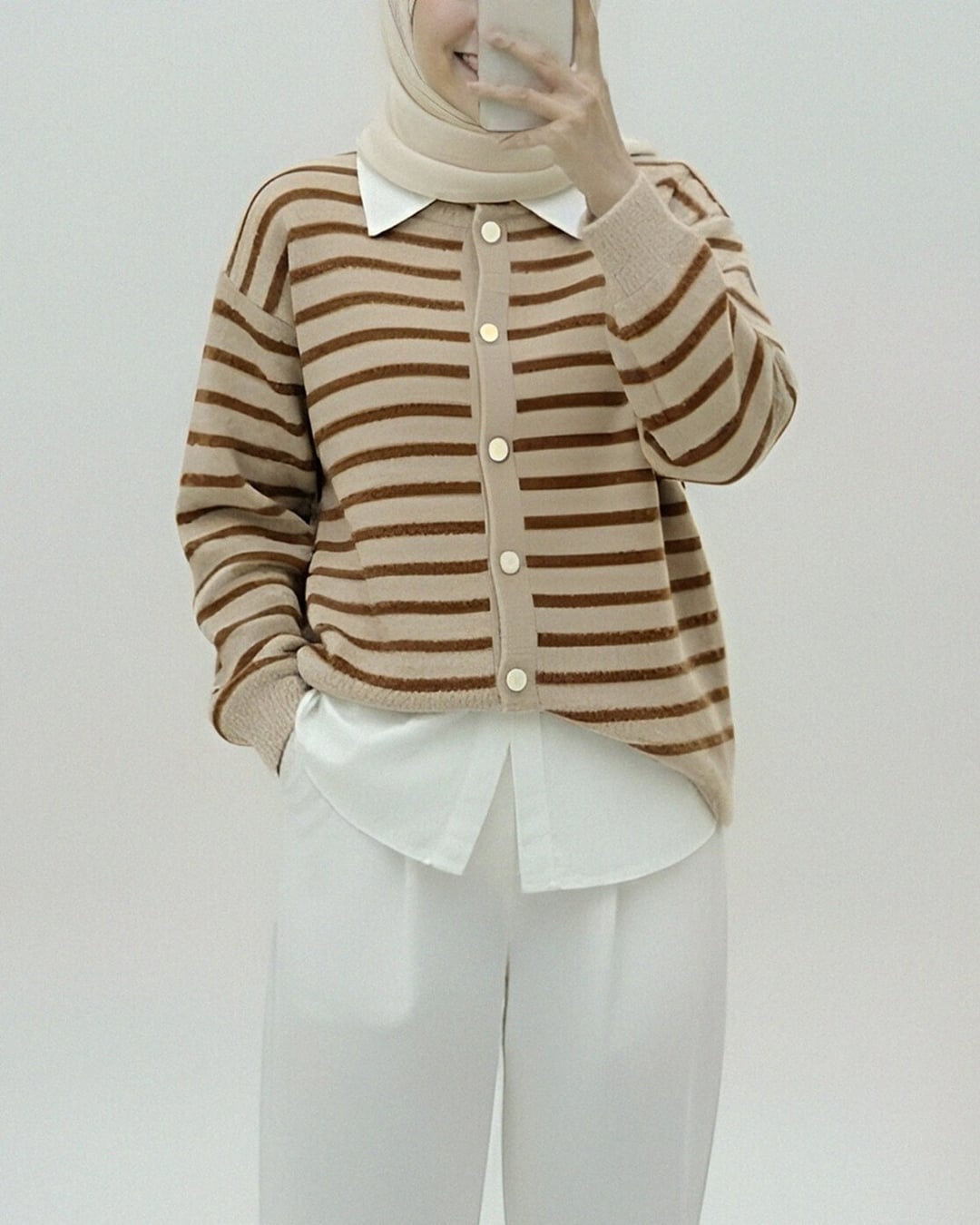 Women's Striped Button-Front Knit Cardigan - Brown - Podyumplus - by Peralane - photo 2