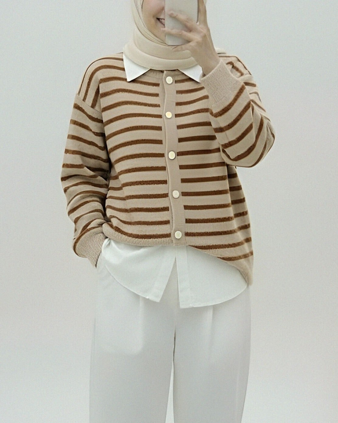 Women's Striped Button-Front Knit Cardigan - Brown - Podyumplus - by Peralane - photo 2