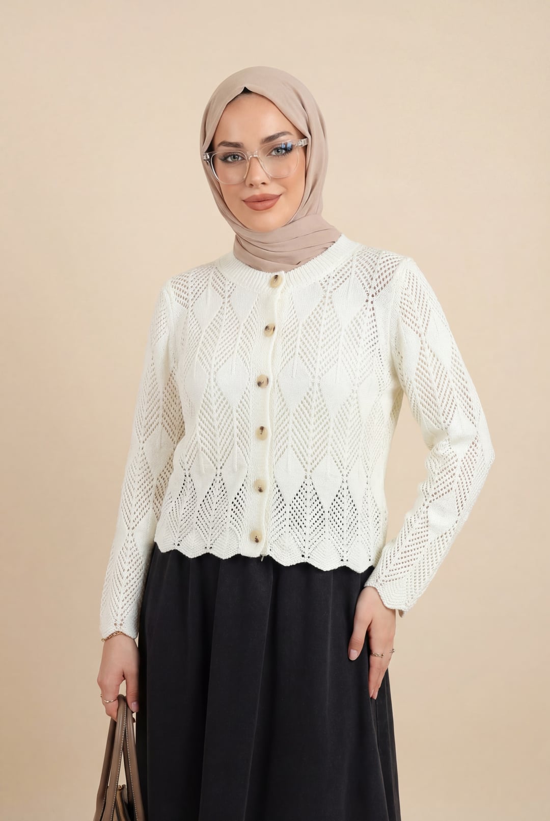 Leaf Pattern Open-Knit Cardigan - Off-White - Podyumplus - by Peralane - photo 4