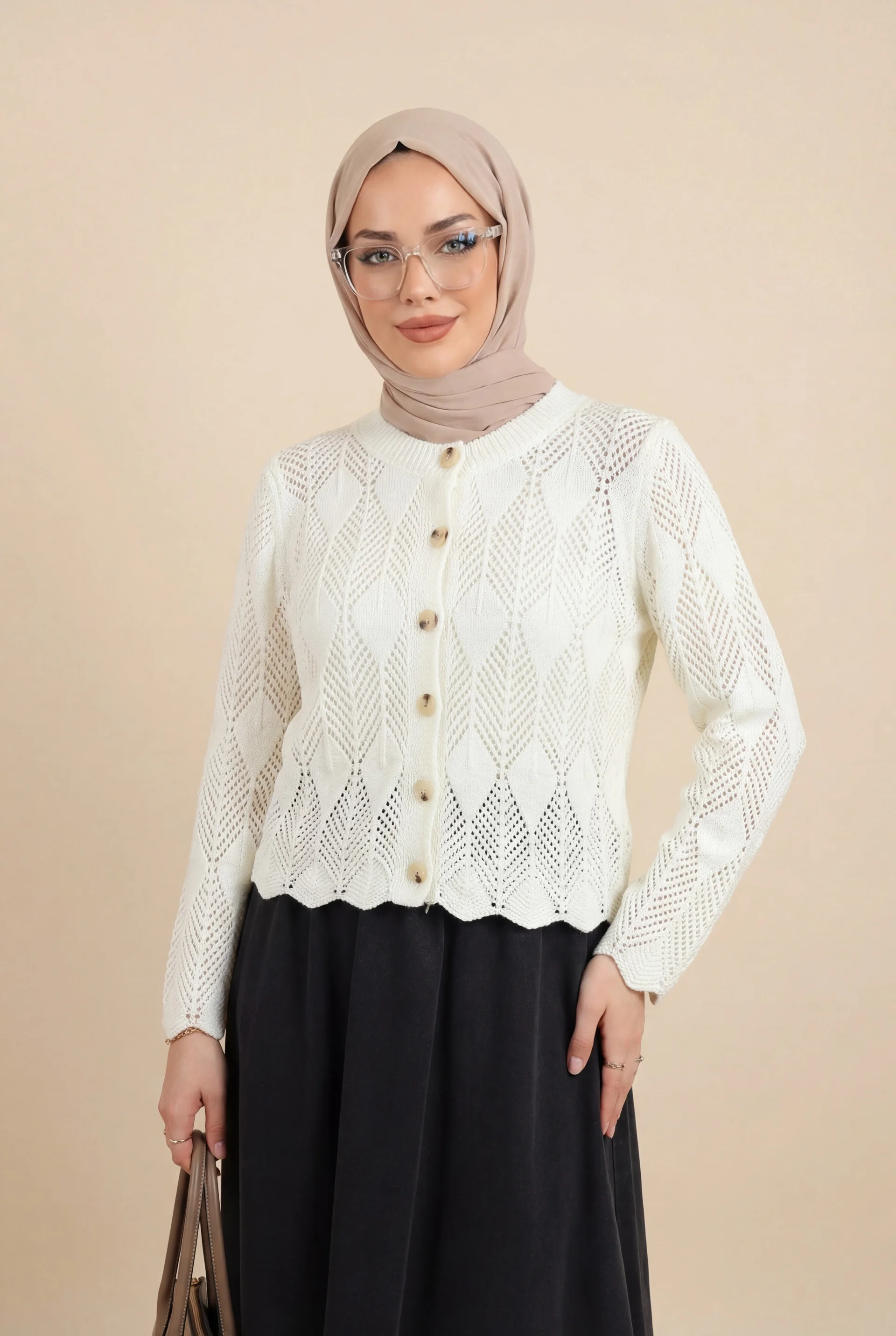 Leaf Pattern Open-Knit Cardigan - Off-White - Podyumplus - by Peralane - photo 4