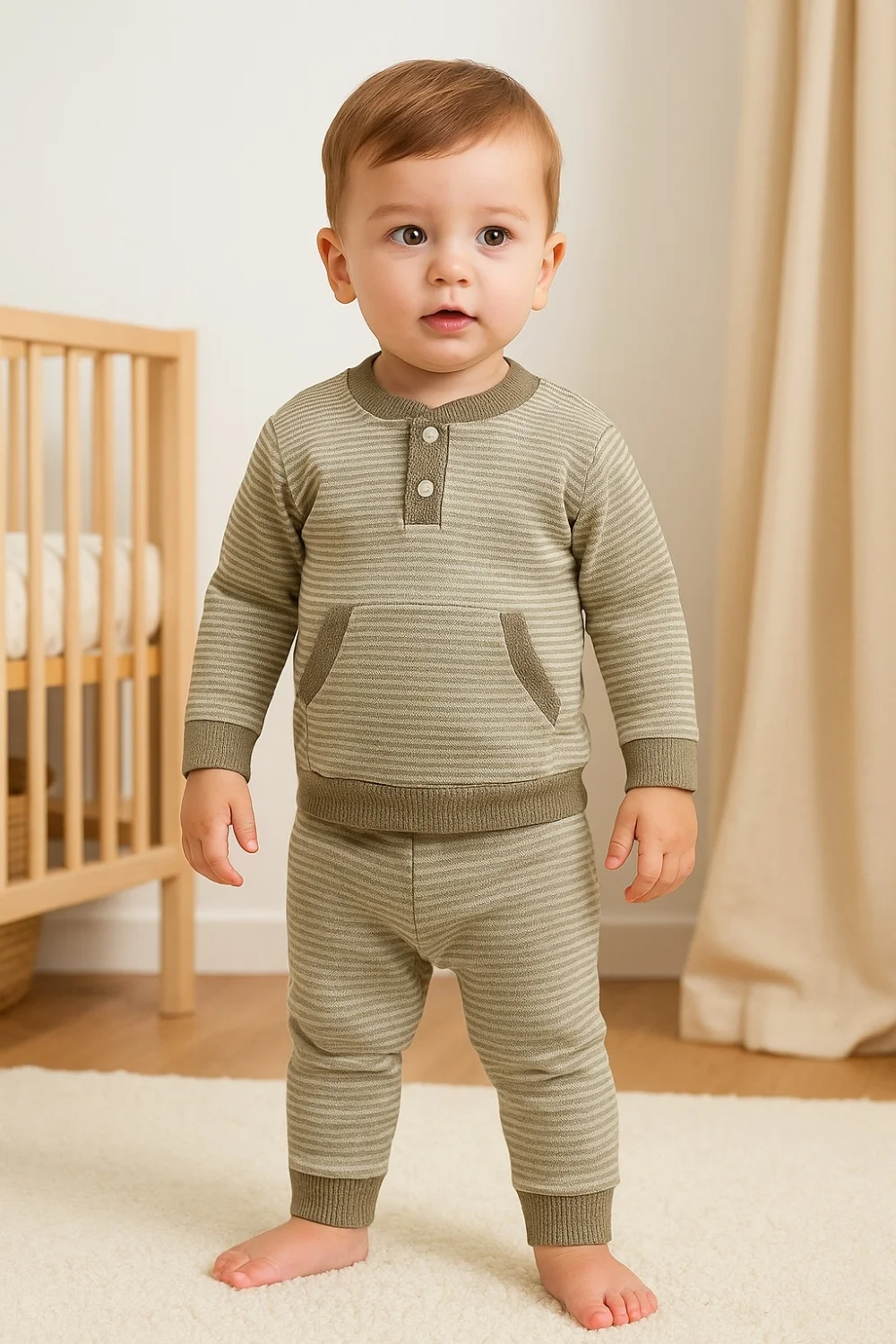 Striped Knitted Two-Piece Baby Set - Olive Green and Beige - Has Bereket - by Peralane