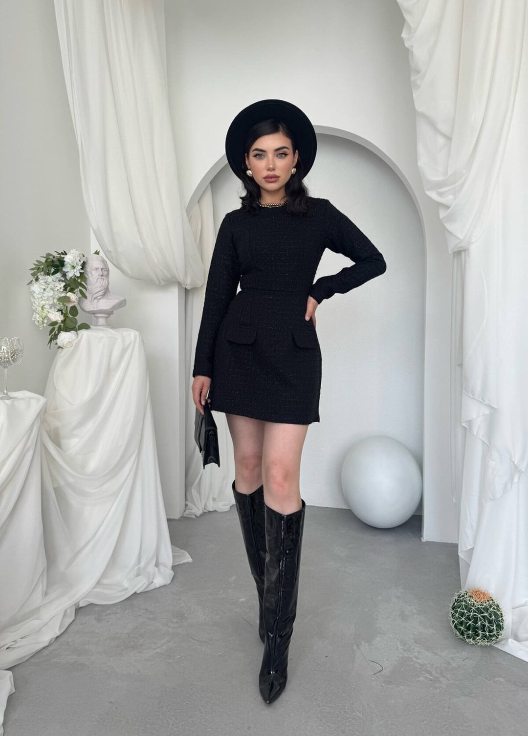 Black Long-Sleeved Tweed Mini Dress with Flap Pockets - Etika - by Peralane - photo 8