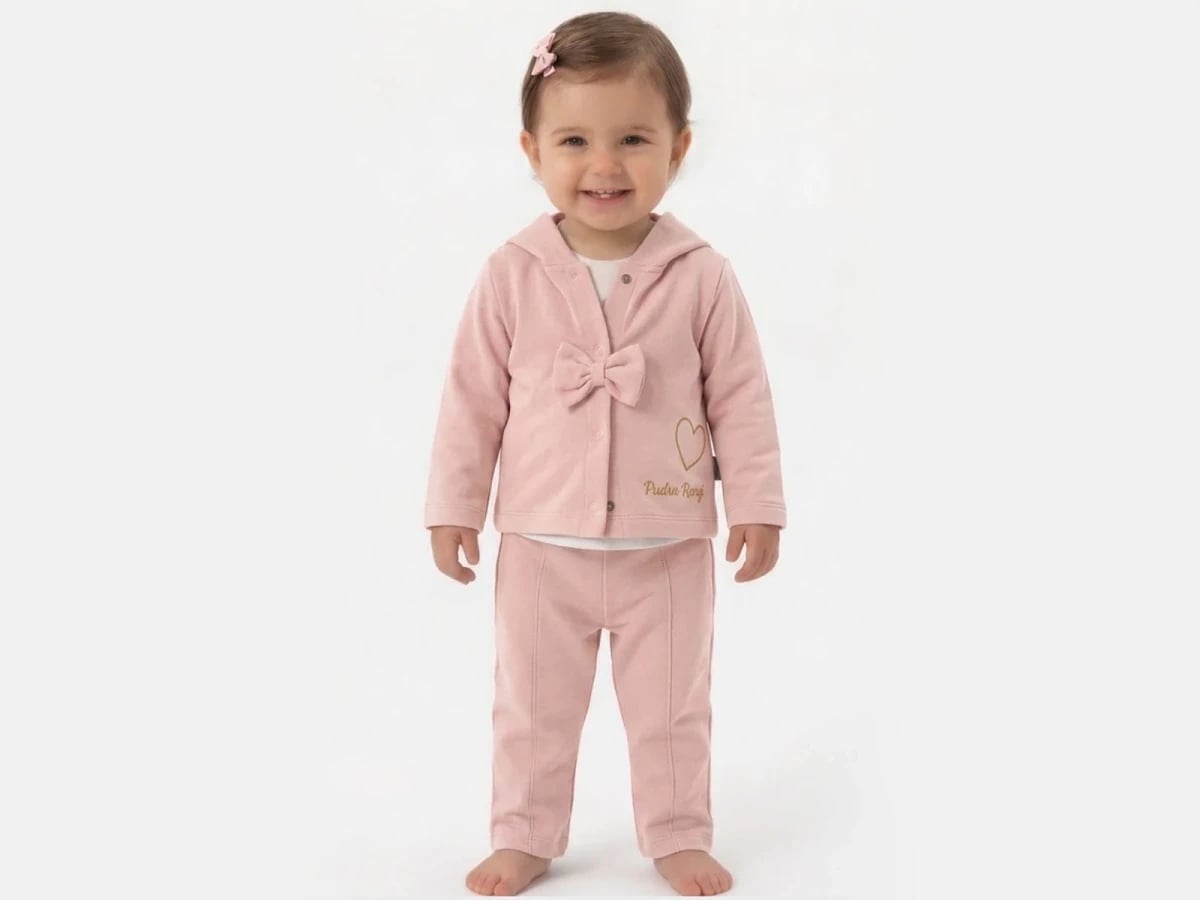 Baby Girl's 4-Piece Hooded Jacket and Trousers Set with Bow and Heart Print - Elci Baby - by Peralane