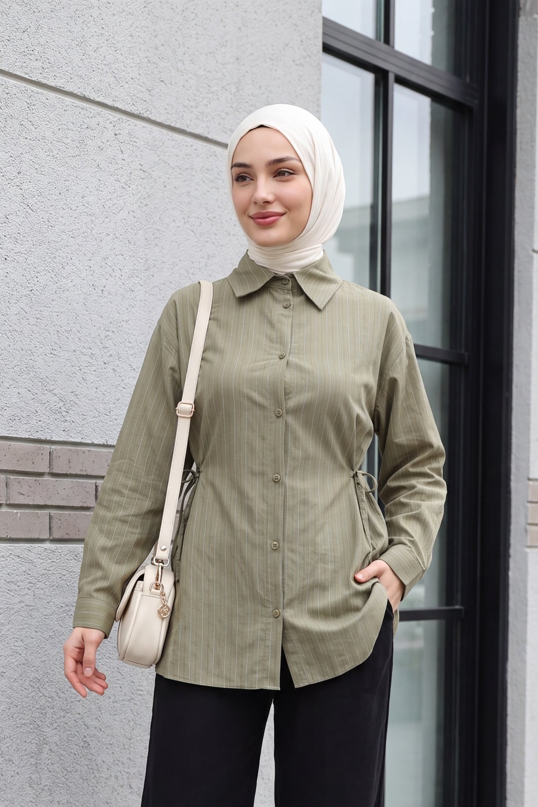 Striped Modal Tunic with Side Lacing and Buttons - Olive Green - Podyumplus - by Peralane