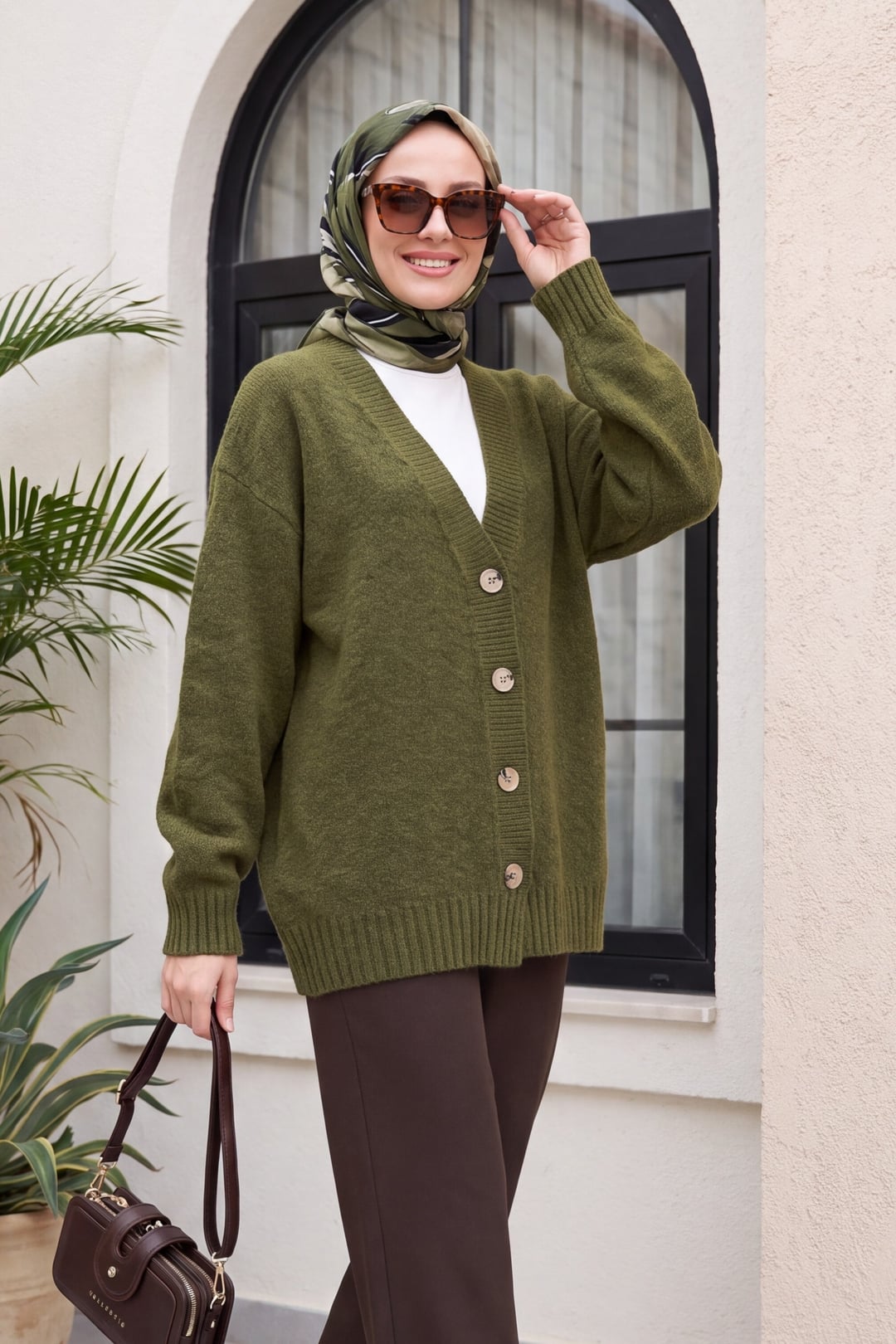 V-Neck Button Front Relaxed Knit Cardigan - Olive - Podyumplus - by Peralane